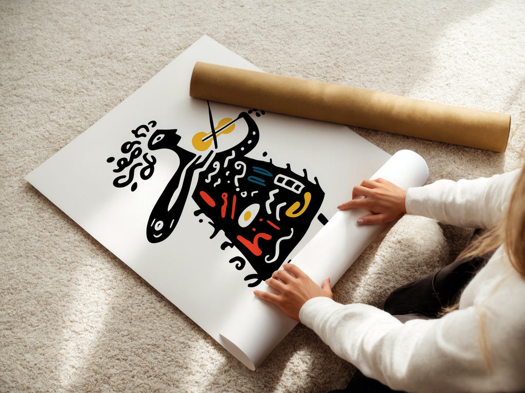 Woman carefully rolling fine art poster paper. The poster paper is high-quality. It ensures vibrant colors and sharp details. She is preparing the art for framing or display. Fine art poster paper is the perfect choice for art prints.