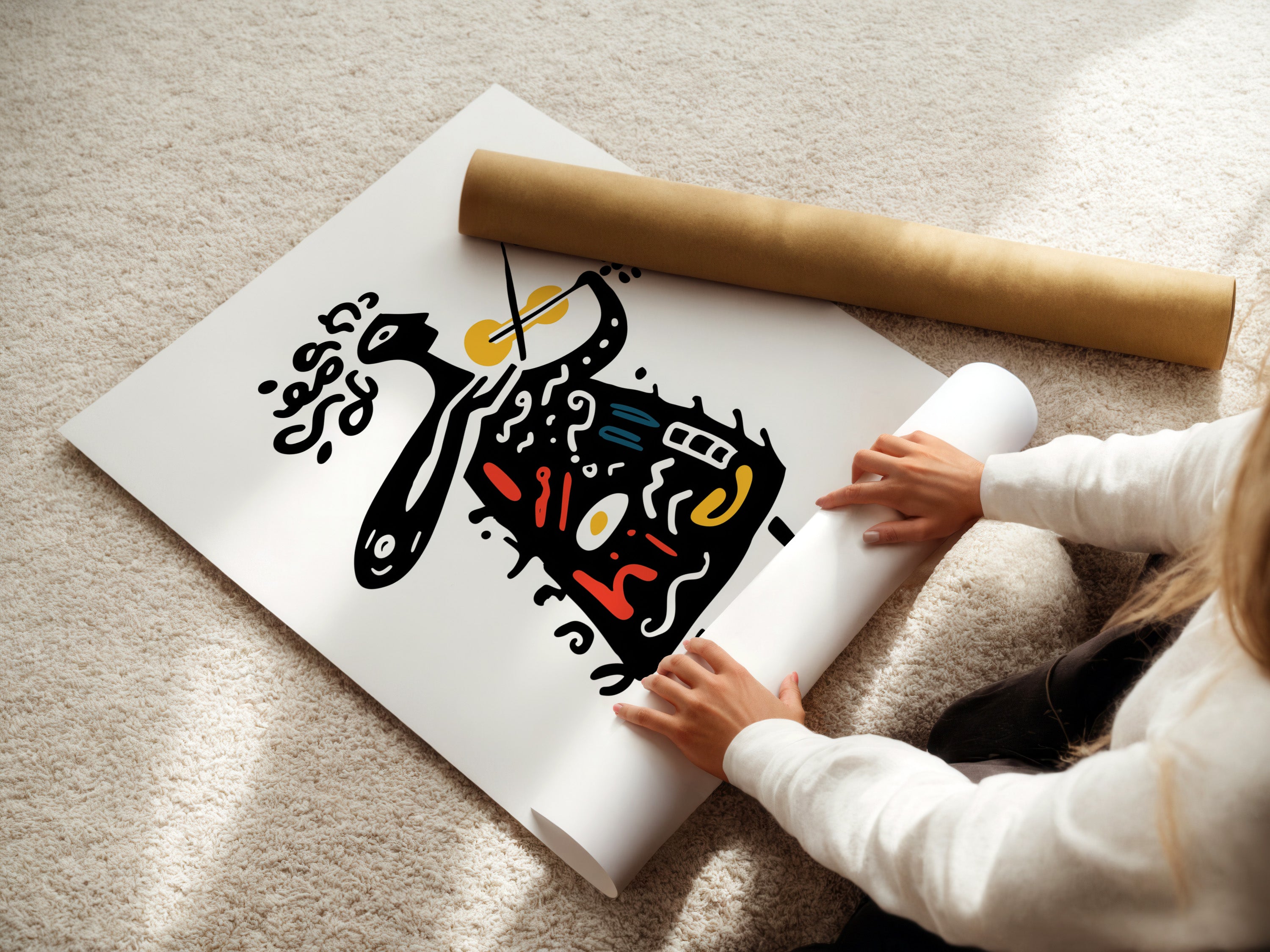 Woman carefully rolling fine art poster paper. The poster paper is high-quality. It ensures vibrant colors and sharp details. She is preparing the art for framing or display. Fine art poster paper is the perfect choice for art prints.