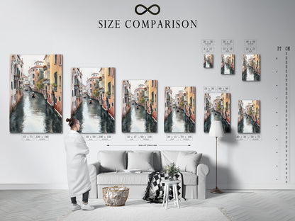 Size comparison chart for the Venice Canal artwork displayed in an interior. See how this Italian wall art fits perfectly in your space. Available in multiple sizes to suit your decor needs.