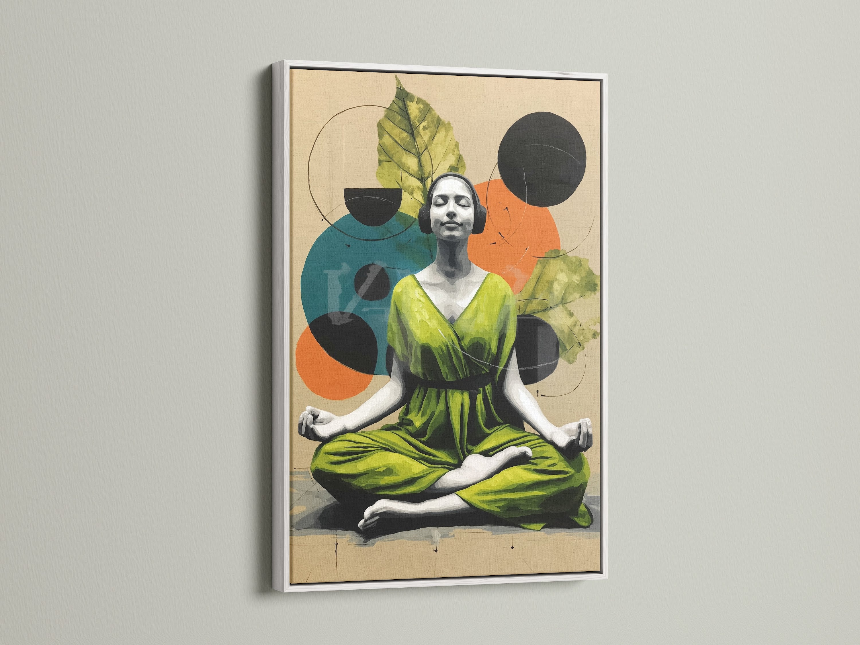 A white frame features abstract woman botanical artwork. This zen canvas print brings serene mindfulness. It is perfect for a peaceful bedroom or yoga studio. The white frame offers a clean modern look.
