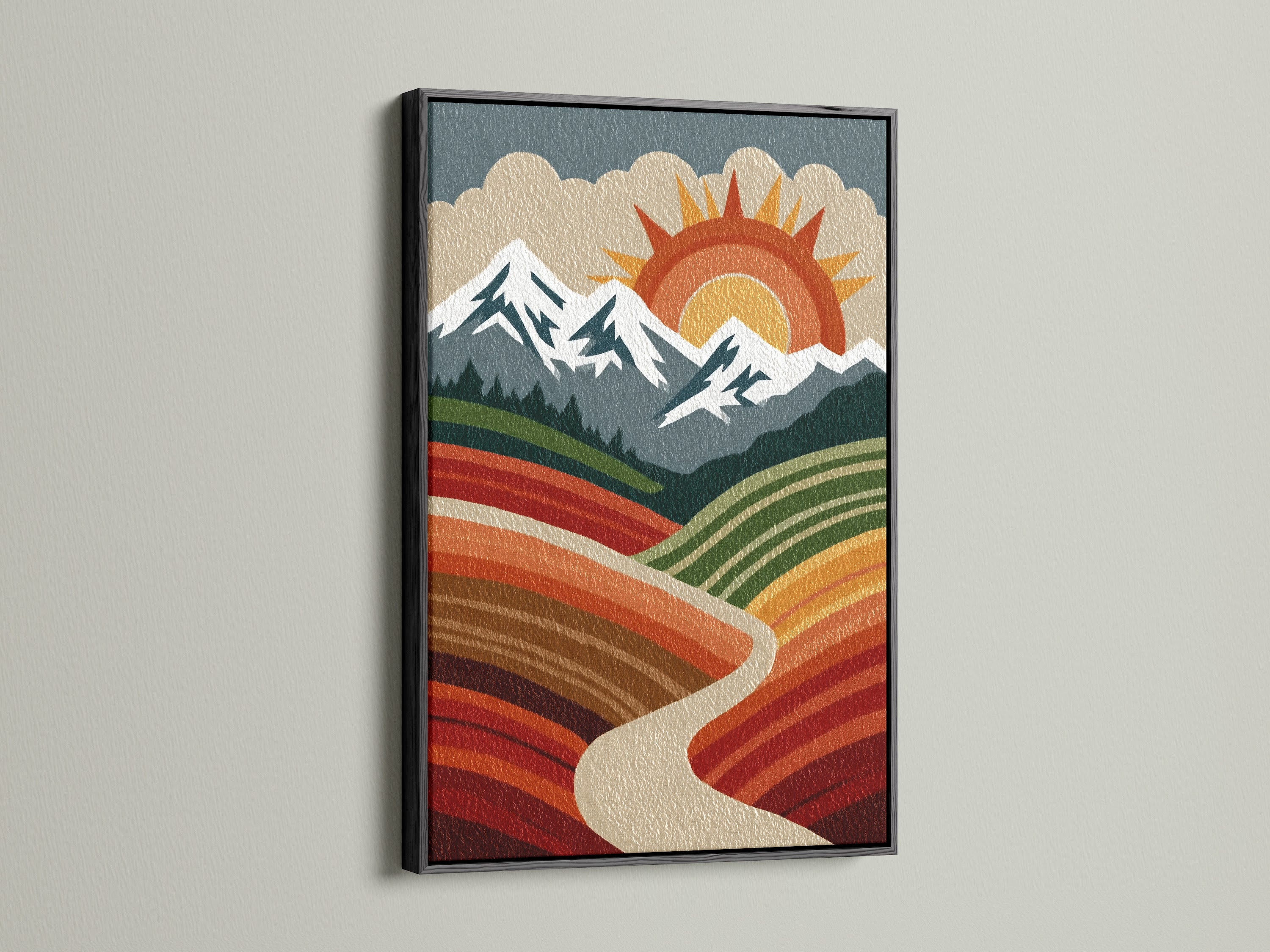 Retro mountain landscape artwork with a sleek black frame. The artwork is displayed against a white wall. The black frame adds a contemporary touch to the vintage sun mountains and valley artwork. A bold statement piece for any room.
