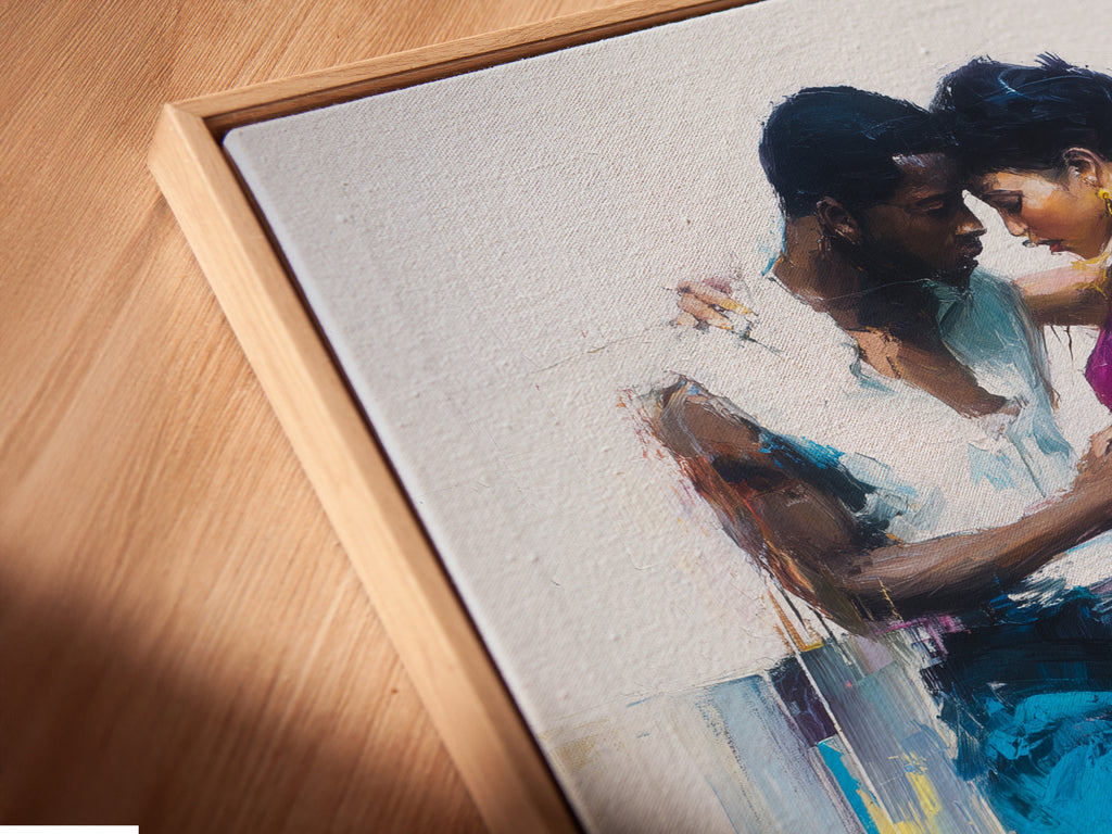 A canvas print in a floating frame is showcased. The artwork captures a dancing couple. The floating frame gives a modern look. It makes the art stand out. The canvas enhances the texture. The colors are rich and inviting. The dancers are beautifully rendered. This piece is a unique addition to any collection.