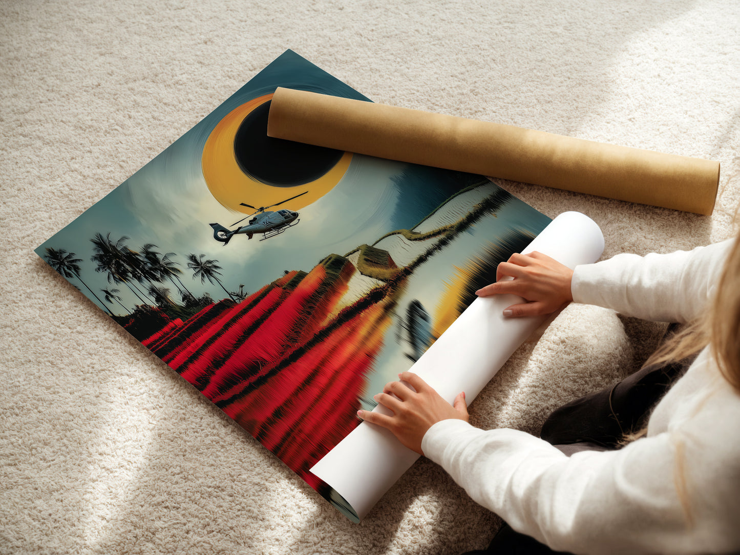 A woman carefully rolling a fine art poster paper of the Helicopter Over Rice Terraces artwork. This high-quality print captures the beauty of the teal and red landscape. Perfect for those who appreciate travel photography. Ideal for framing or displaying as is
