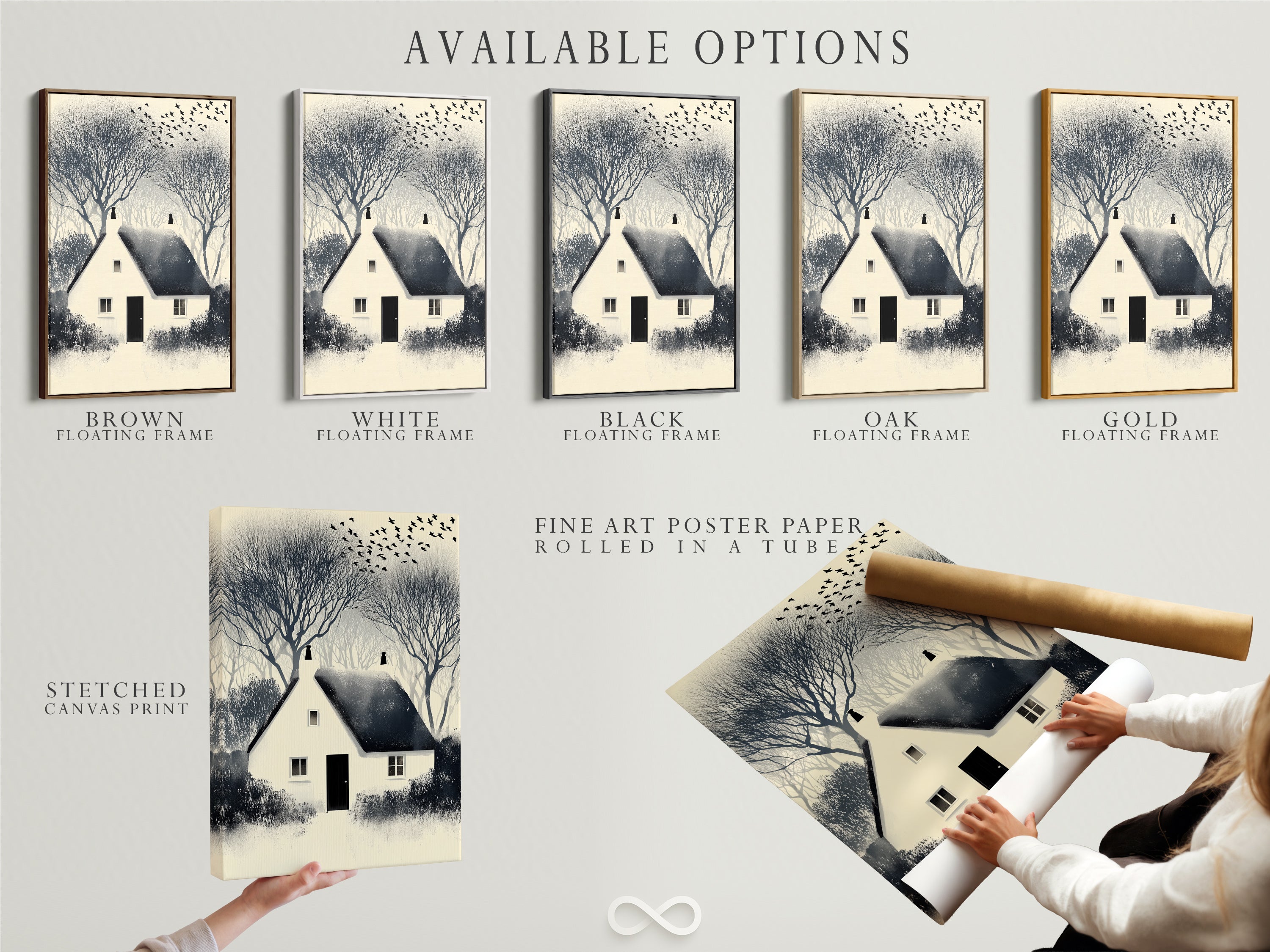 Available options for the Winter Cottage artwork print: stretched canvas print fine art poster paper and floating frame. Customize your artwork to match your style. Find the ideal option for your farmhouse wall decor.
