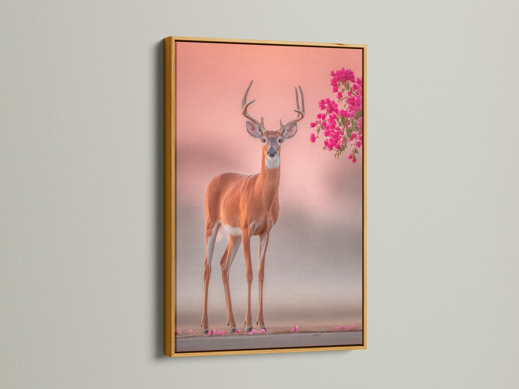 Gold frame highlights the deer artwork with elegance. Wildlife canvas gleams with sophistication. Pink floral antlers bring luxury. Nature photography print shines. The gold frame adds opulence to your decor. This animal canvas print is a statement piece. Add a touch of glamour.