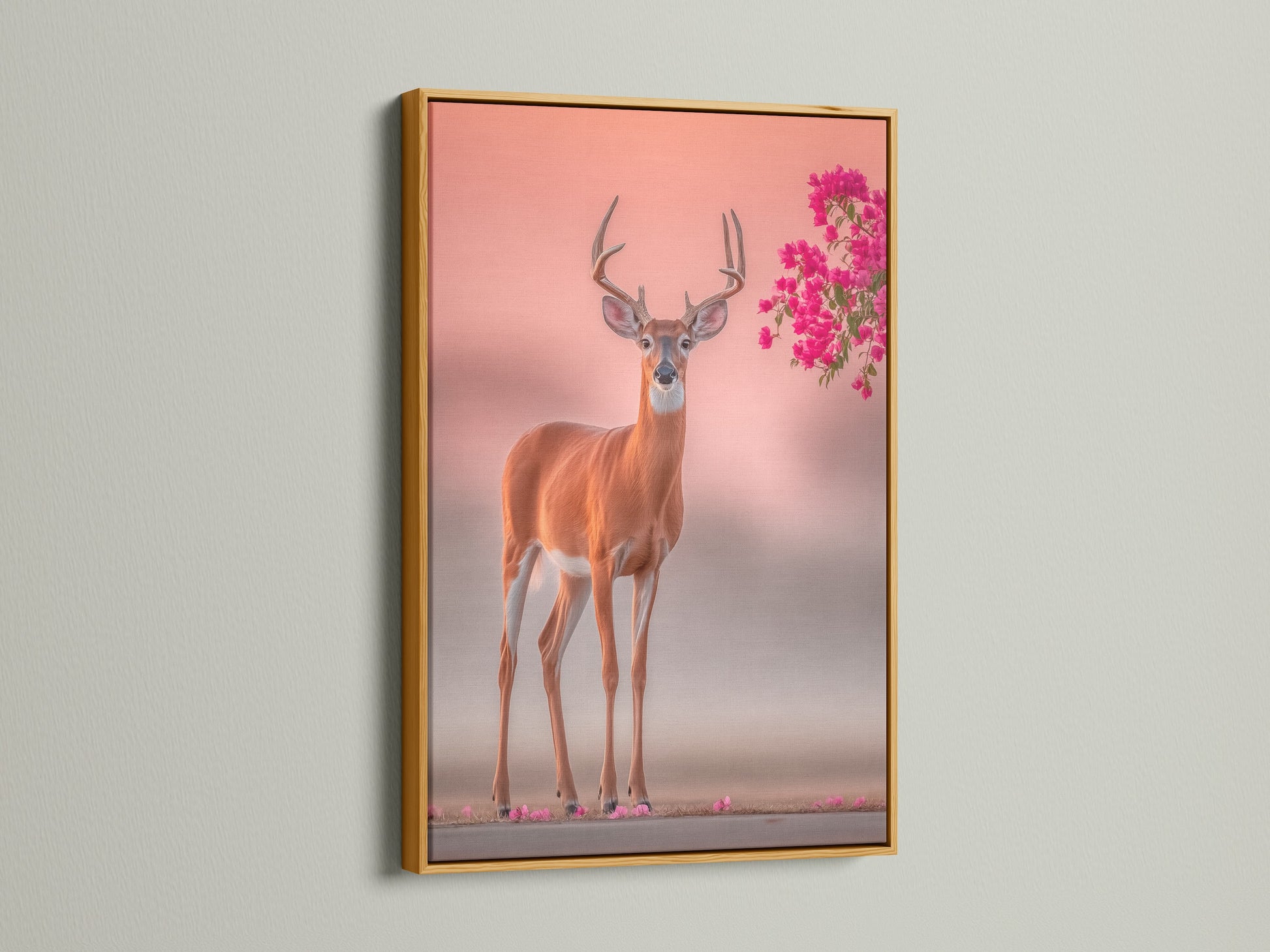 Gold frame highlights the deer artwork with elegance. Wildlife canvas gleams with sophistication. Pink floral antlers bring luxury. Nature photography print shines. The gold frame adds opulence to your decor. This animal canvas print is a statement piece. Add a touch of glamour.
