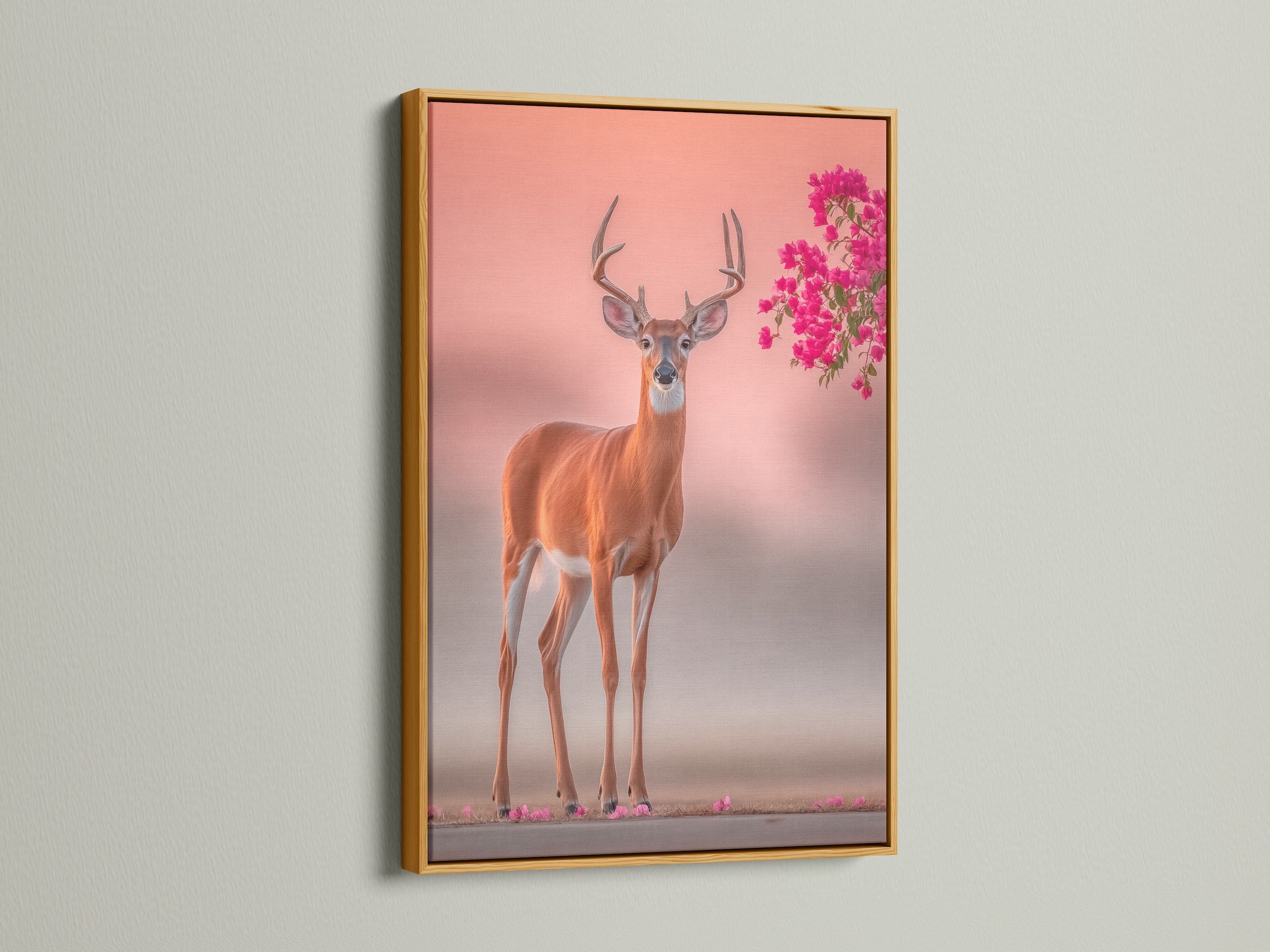 Gold frame highlights the deer artwork with elegance. Wildlife canvas gleams with sophistication. Pink floral antlers bring luxury. Nature photography print shines. The gold frame adds opulence to your decor. This animal canvas print is a statement piece. Add a touch of glamour.