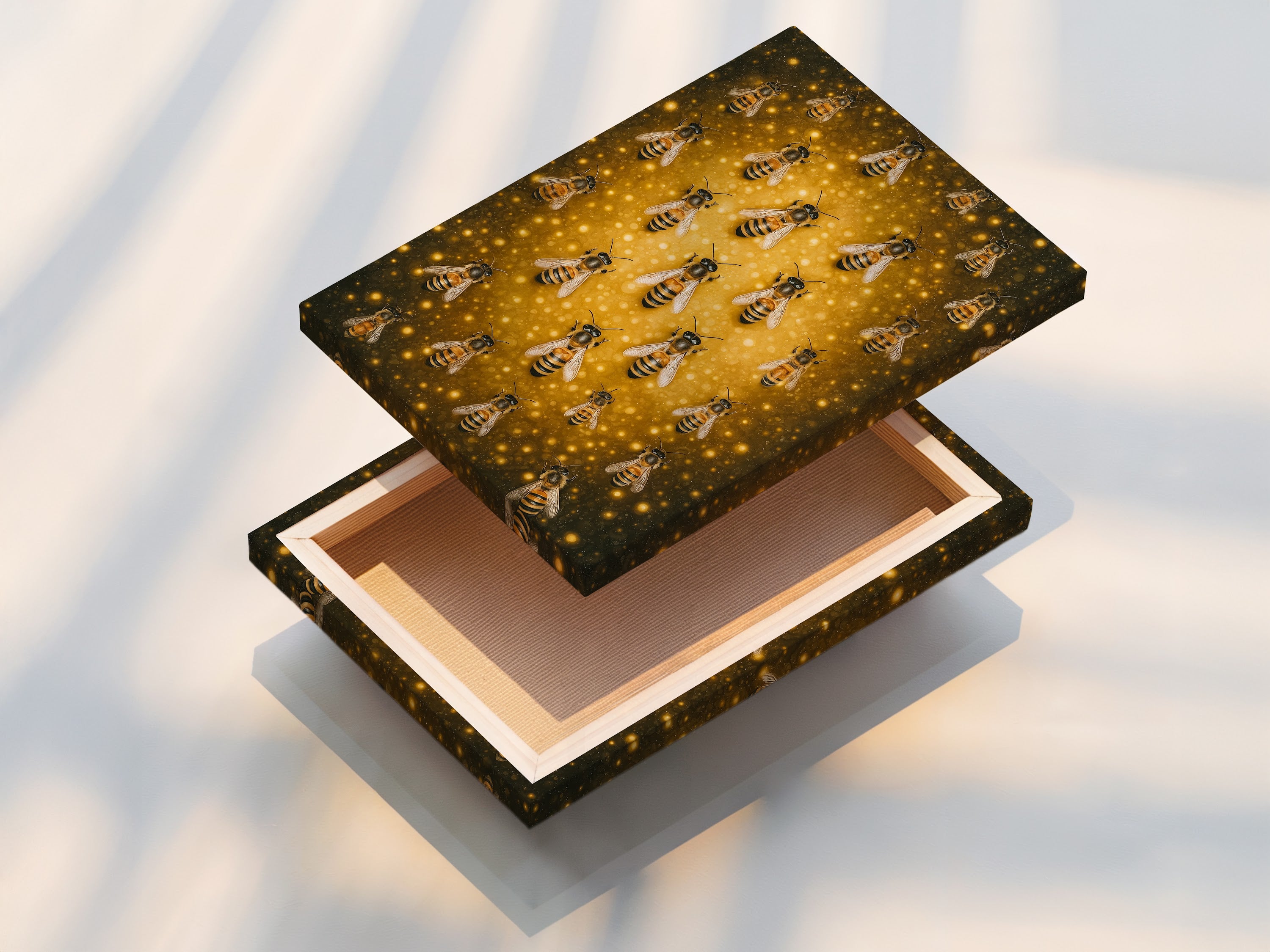 This is a stretched canvas print of the honey bee artwork. The canvas is stretched perfectly for a gallery-ready look. The artwork features intricate insect details and gold accents. Add this rustic and modern piece to your home decor.