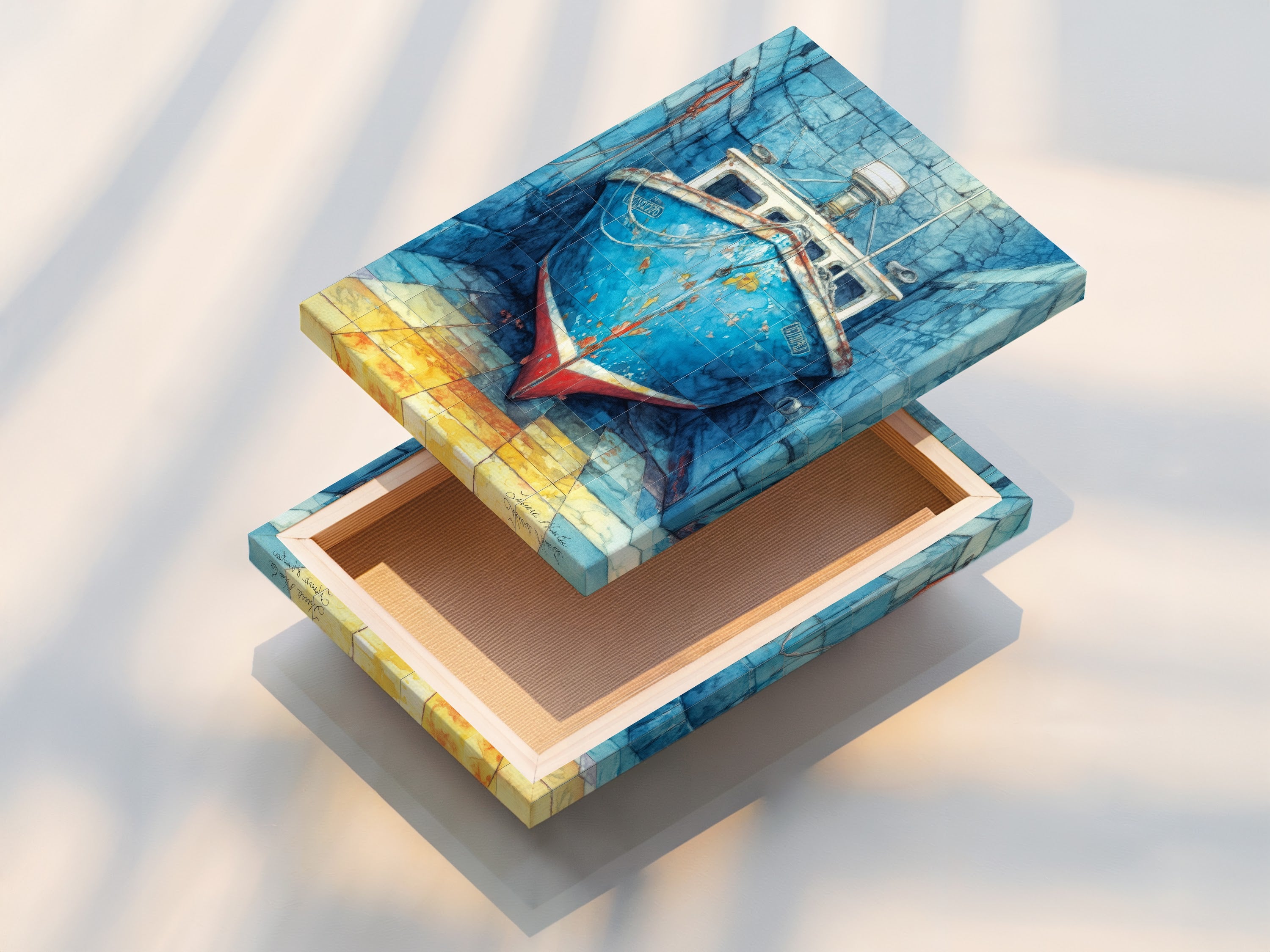 Stretched canvas print of a fishing boat. This nautical canvas is a coastal wall art essential. Add boat artwork to your office or home. Explore our sea vessel prints and ocean themed art. The perfect boat lover gift. Discover maritime art. Shop our coastal prints today.