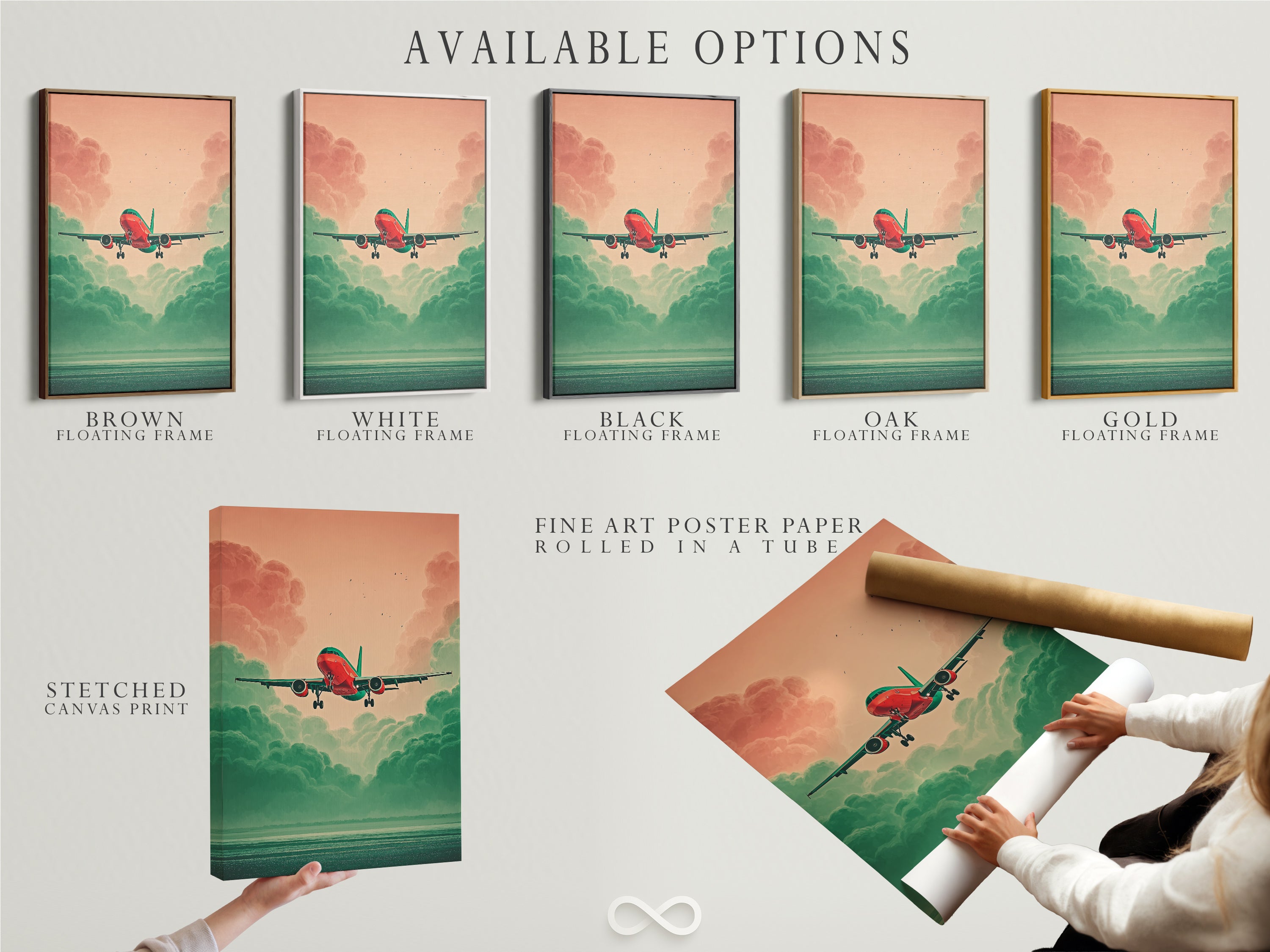 Available options for aviation artwork are displayed. Choose from a stretched canvas print fine art poster paper or floating frame. The airplane artwork in teal and coral sky is versatile. This modern art print suits any decor. Customize your travel gift today