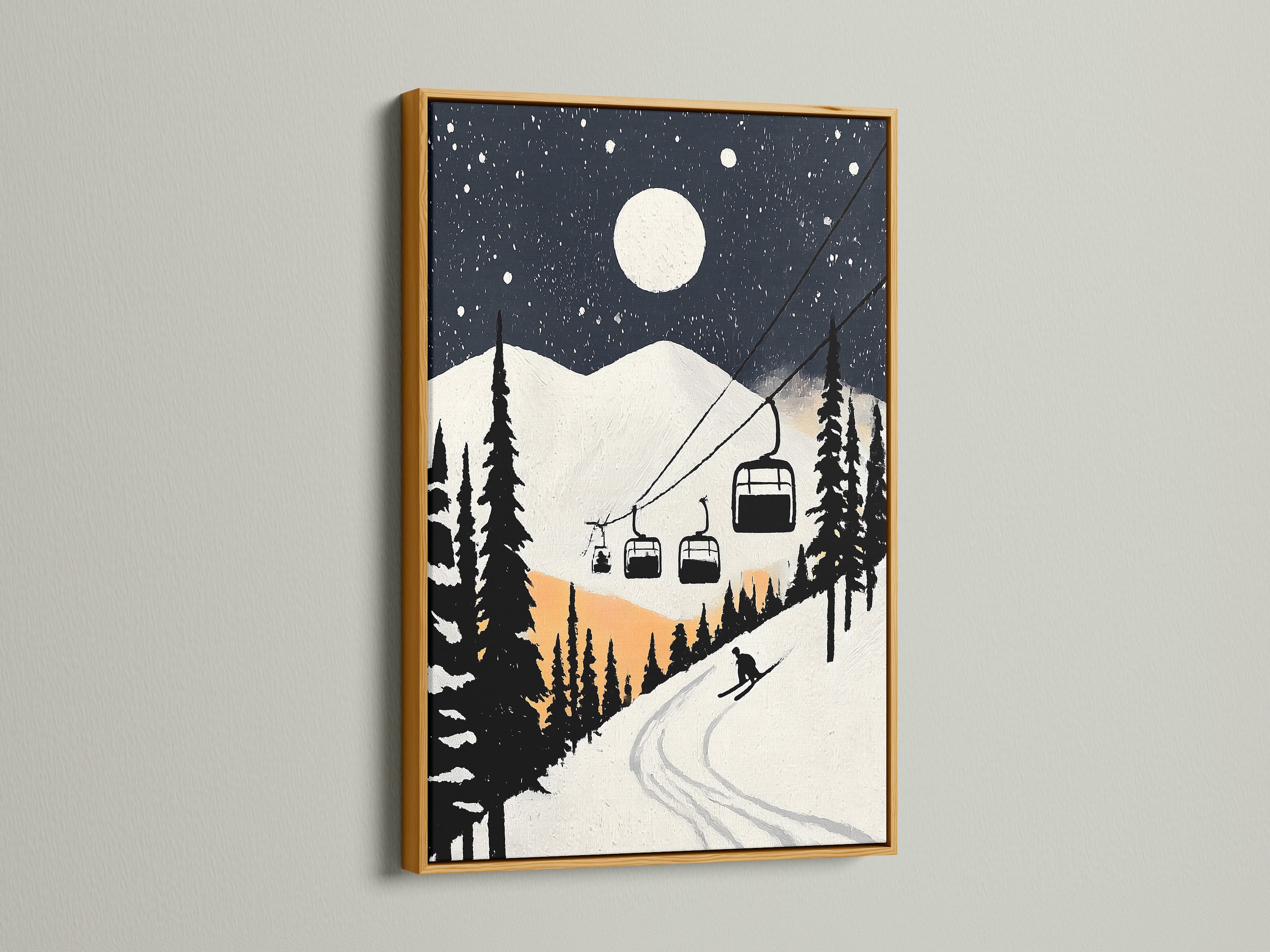 Indulge in luxury with our Ski Resort Canvas Print. The winter mountain art is presented in a radiant gold frame. This vintage ski lift poster is perfect for lodge decor. The snowy night scene wall art adds a touch of glamour. Enhance your ski lodge or boutique with this artwork.