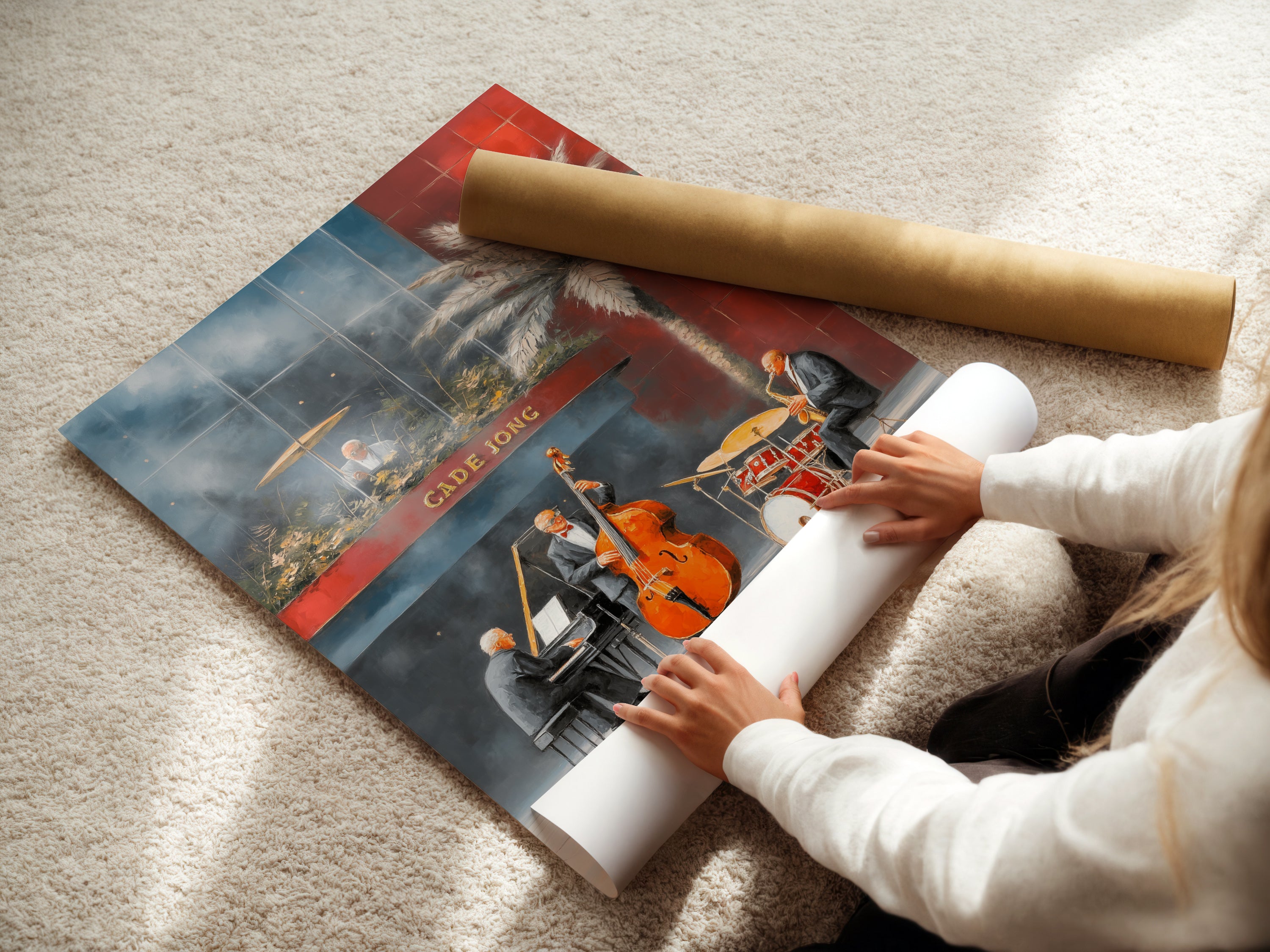 A woman carefully rolls a fine art poster paper featuring the jazz band artwork. This New Orleans music art is perfect for framing. Ideal for music rooms cafes and bars. A thoughtful gift for musicians and jazz aficionados. Explore the vintage charm of this musical artwork.