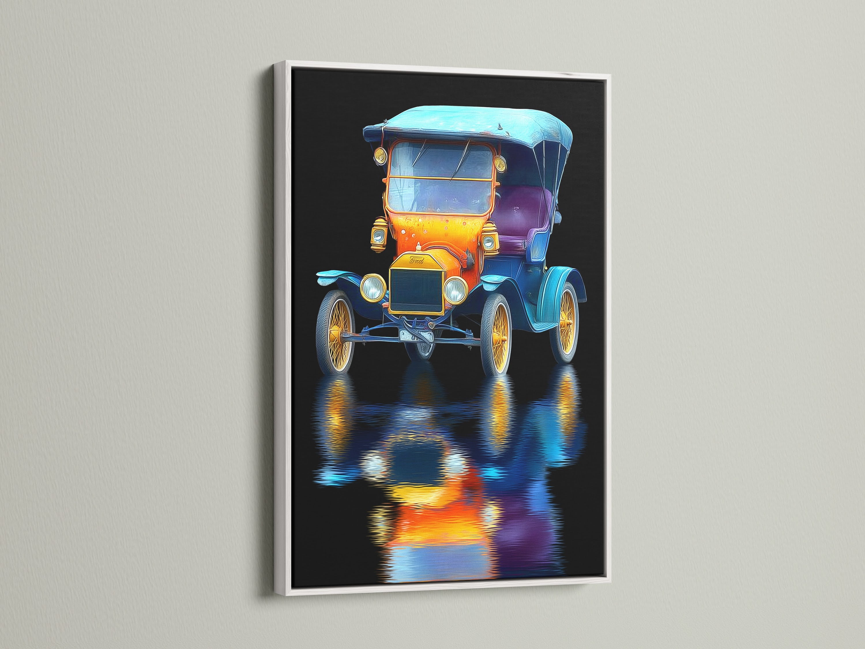 Vintage Car Artwork with White Frame. The classic car canvas print offers a clean look. This automobile art is ideal for showrooms and studios. A stylish addition to any vintage industrial or eclectic space.