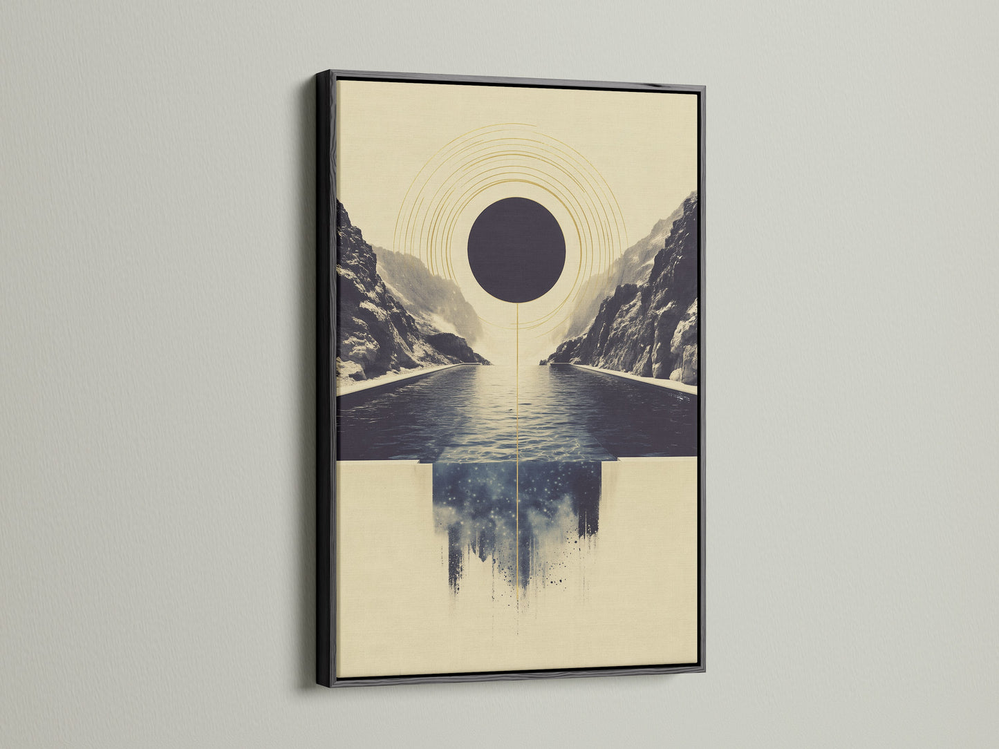 Abstract Infinity Pool artwork in a black frame. The black frame adds a bold and sophisticated touch. This geometric canvas print creates a striking modern look. Ideal for office wall art or living room decor. The serene artwork brings a calming ambiance.