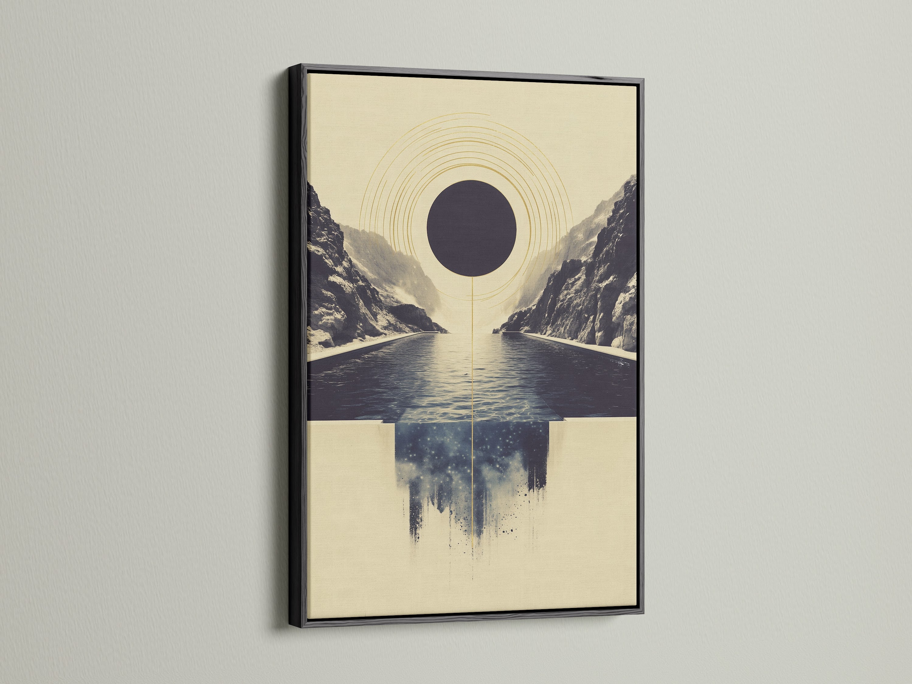 Abstract Infinity Pool artwork in a black frame. The black frame adds a bold and sophisticated touch. This geometric canvas print creates a striking modern look. Ideal for office wall art or living room decor. The serene artwork brings a calming ambiance.