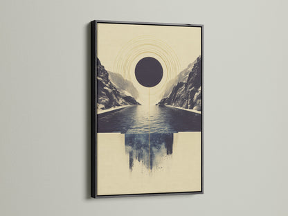 Abstract Infinity Pool artwork in a black frame. The black frame adds a bold and sophisticated touch. This geometric canvas print creates a striking modern look. Ideal for office wall art or living room decor. The serene artwork brings a calming ambiance.