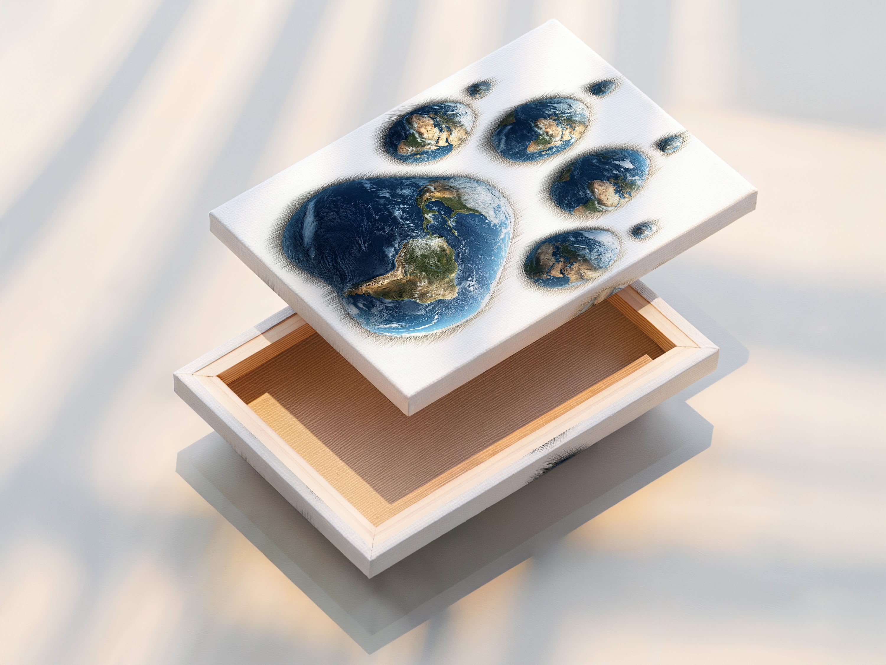 Stretched canvas print on display. The artwork is taut and ready to hang. The art shows a paw print made of Earths. The stretched canvas provides a gallery-quality presentation. This print is perfect for adding a touch of sophistication to any room. The wrapped edges offer a clean and modern look.