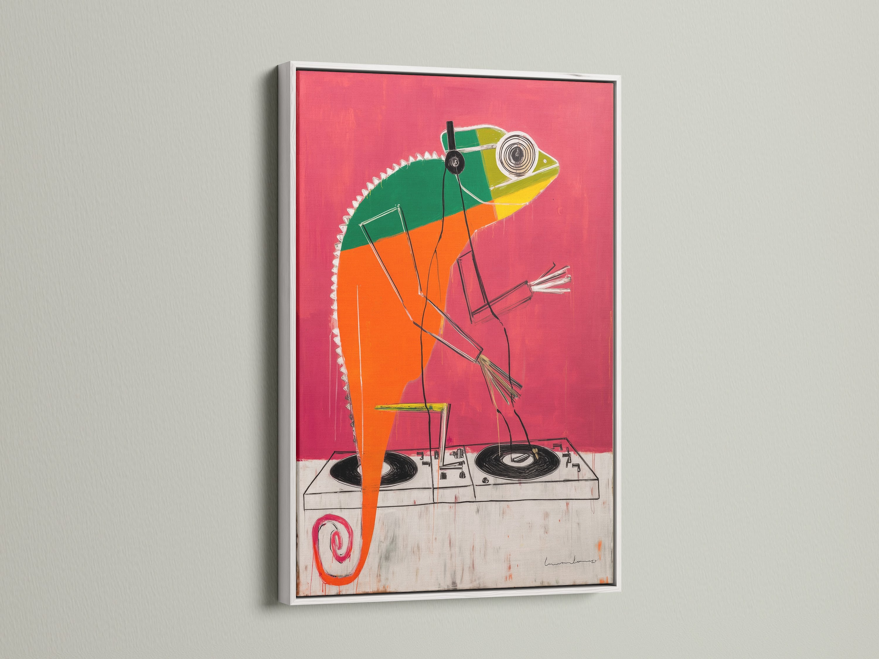 DJ Chameleon artwork displayed in a white frame. The coral pink pop art style brings a trendy vibe. This music wall art is ideal for dorms. It's a unique gift for any music enthusiast.