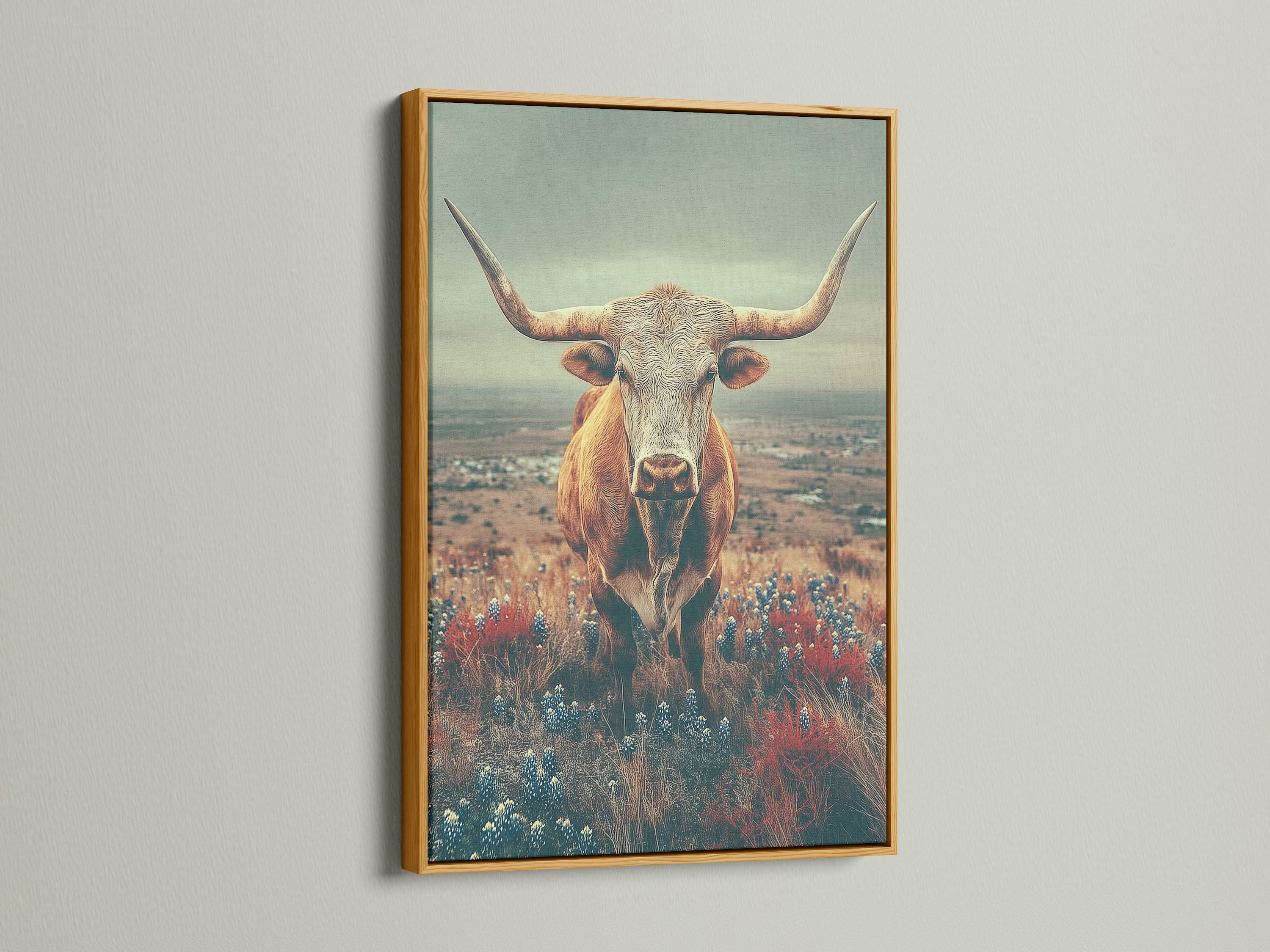 The Gold Frame enhances the Highland Cow art. This rural wall decor brings a touch of the countryside to your home. Imagine this pastoral art in your ranch or farmhouse. This barn animal art is timeless.
