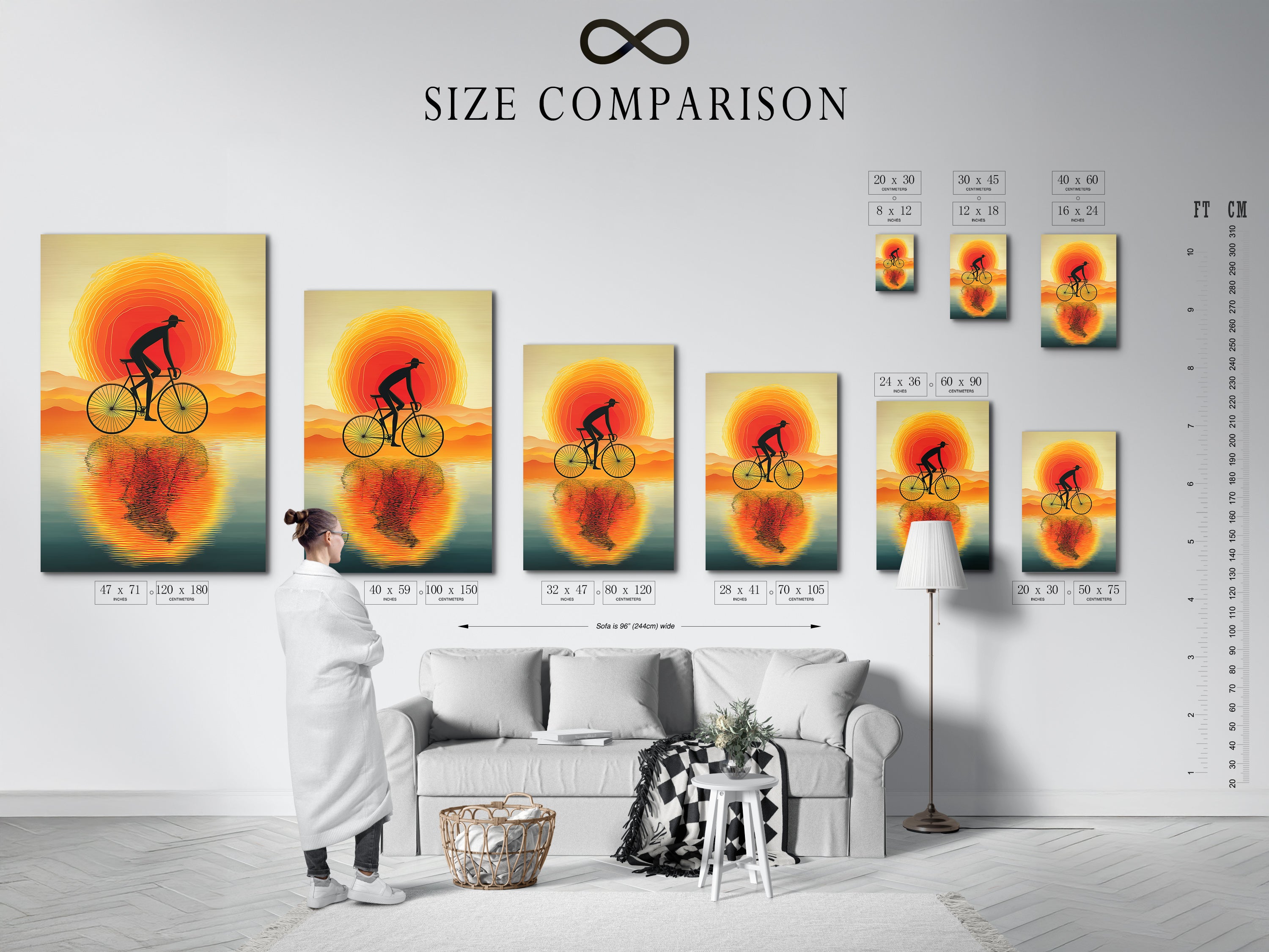 Check out our size comparison chart in an interior setting. Visualize the perfect size for your silhouette print. Find the ideal dimensions for your cycling wall art. Transform your office wall decor.