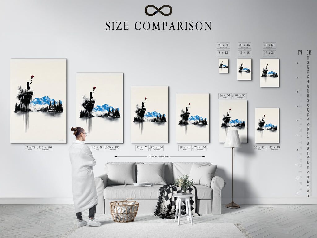 Size comparison chart in an interior setting. See how different sizes of artwork will look in your space. Visualize the perfect fit for your walls. Make informed decisions about artwork dimensions.