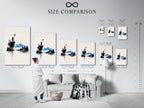Size comparison chart in an interior setting. See how different sizes of artwork will look in your space. Visualize the perfect fit for your walls. Make informed decisions about artwork dimensions.