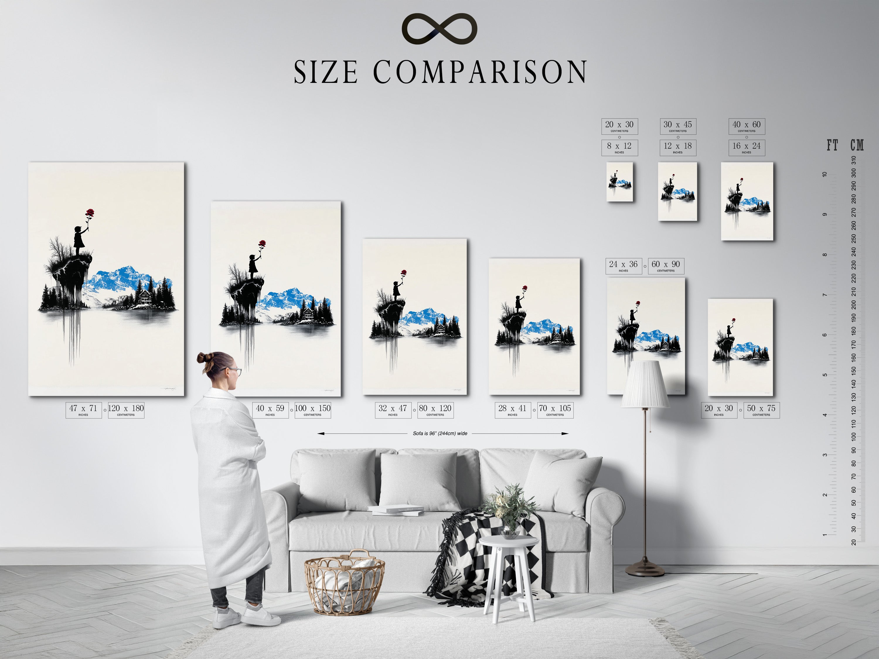 Size comparison chart in an interior setting. See how different sizes of artwork will look in your space. Visualize the perfect fit for your walls. Make informed decisions about artwork dimensions.