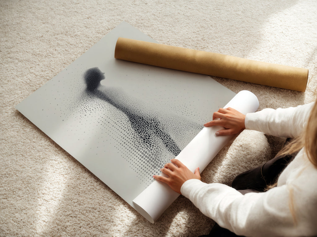 A woman is carefully rolling fine art poster paper. She is handling the delicate art. She is preparing it for framing or display. The fine art poster paper ensures quality. The artwork is preserved beautifully.