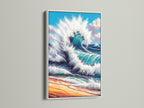 This seascape canvas features a white frame. The coastal wall art adds elegance to any room. The beach print is perfect for a bathroom. The teal decor complements modern spaces. Bring the ocean into your home with this artwork.