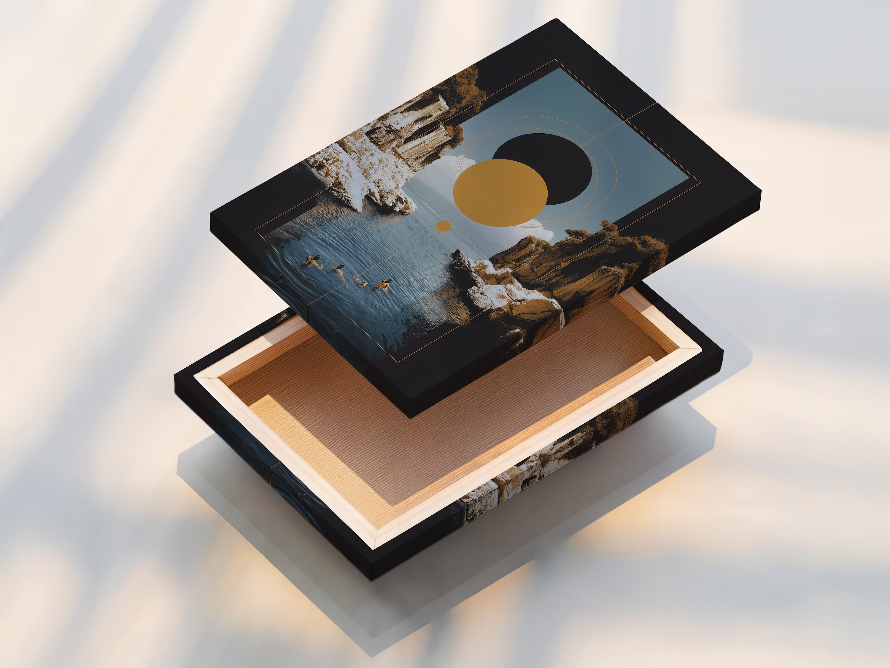 A stretched canvas print of a Geometric Seascape artwork. This modern piece features abstract coastal art and earth tones. The stretched canvas provides a gallery-ready look. Ideal for adding a touch of elegance to any living room bedroom or office.