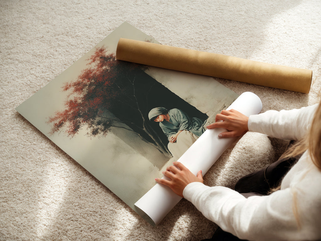 A woman carefully rolling a fine art poster paper. The fine art poster paper is high-quality. It ensures vibrant colors and sharp details. This paper is perfect for preserving and displaying artwork. Discover the beauty of fine art prints with our premium materials.