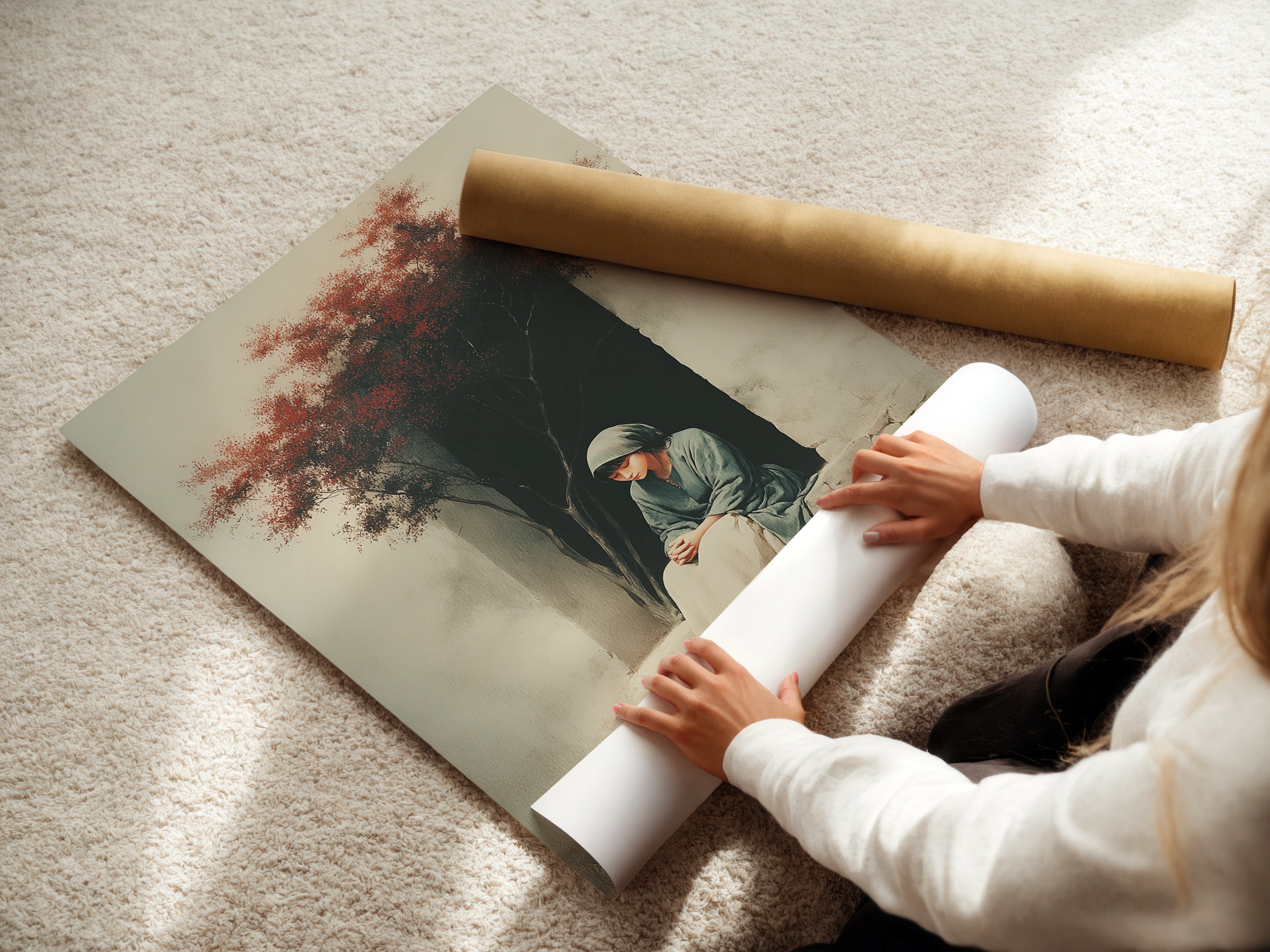 A woman carefully rolling a fine art poster paper. The fine art poster paper is high-quality. It ensures vibrant colors and sharp details. This paper is perfect for preserving and displaying artwork. Discover the beauty of fine art prints with our premium materials.