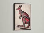 Aboriginal Kangaroo artwork is showcased in a black frame. The dark frame enhances the artwork's vibrant colors. The kangaroo features intricate aboriginal art patterns. The red and black hues create a striking visual. It's perfect for modern office wall decor.