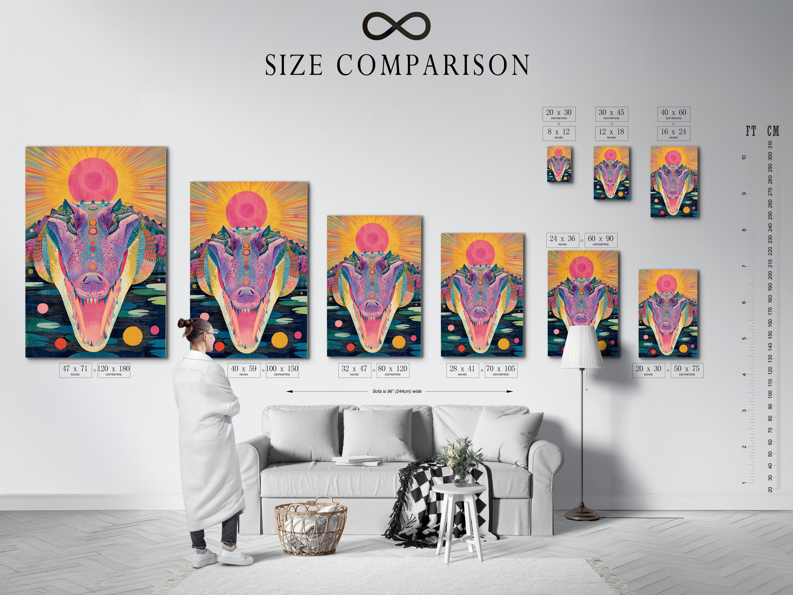 A size comparison chart is displayed in an interior setting. The chart features various sizes of the psychedelic crocodile artwork. This helps visualize the artwork in different spaces. The colorful trippy poster is ideal for any room. It's perfect for eclectic home decor.