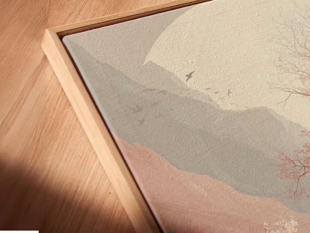 Angled close up of a canvas print in a floating frame. The Cherry Blossom Landscape Artwork is beautifully displayed. Japanese Moon Wall Art enhances any interior. Perfect for showcasing zen decor.