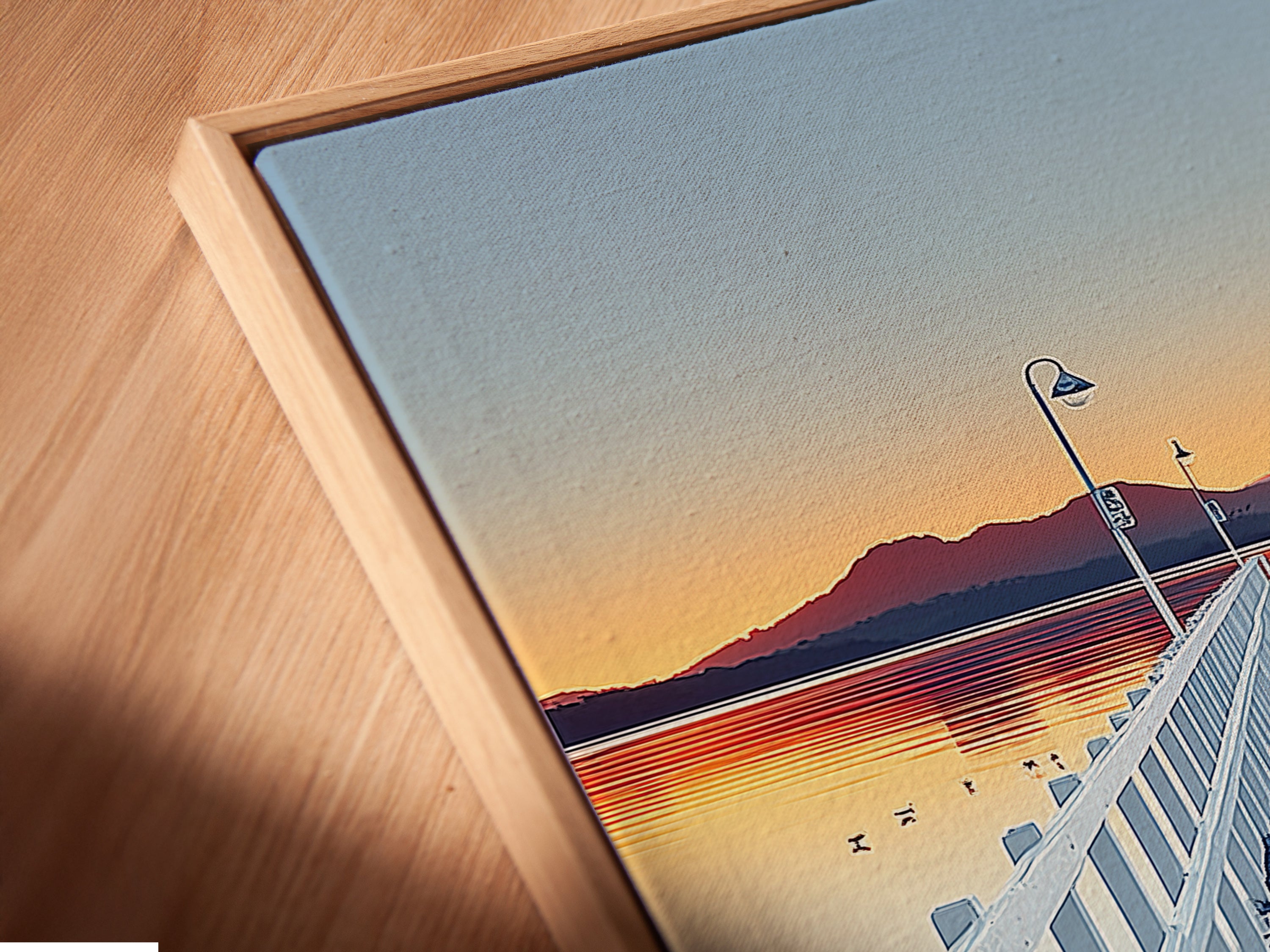 A close up of dock sunset artwork. This canvas print is in a floating frame. The floating frame enhances the coastal scenery photography. This enhances the seascape art in your home decor.
