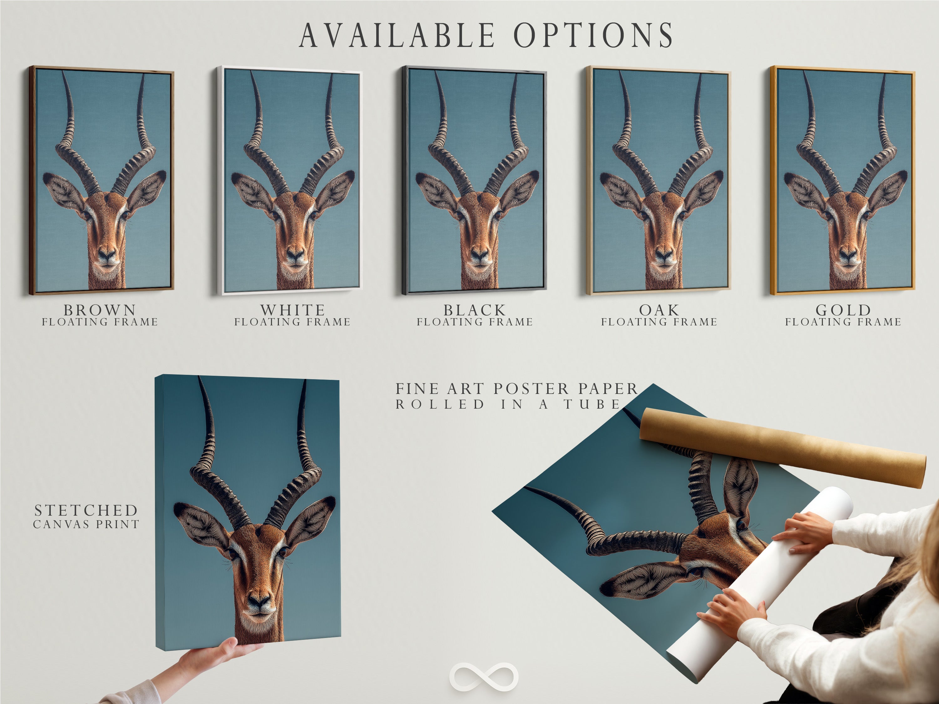 Available options are displayed. Choose from a stretched canvas print. Opt for fine art poster paper. You can also select a floating frame. Customize your artwork to fit your style.