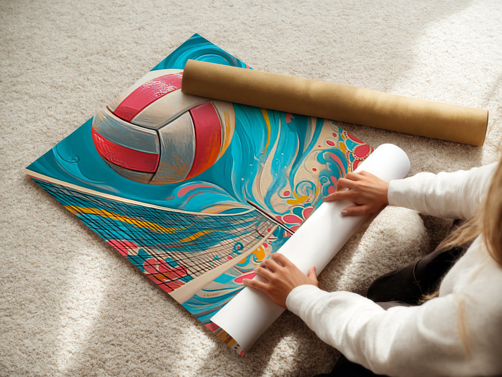 A woman is carefully rolling a fine art poster paper. This ensures the volleyball beach artwork arrives in perfect condition. Ready to be framed and enjoyed. This summer print will look great in any room.
