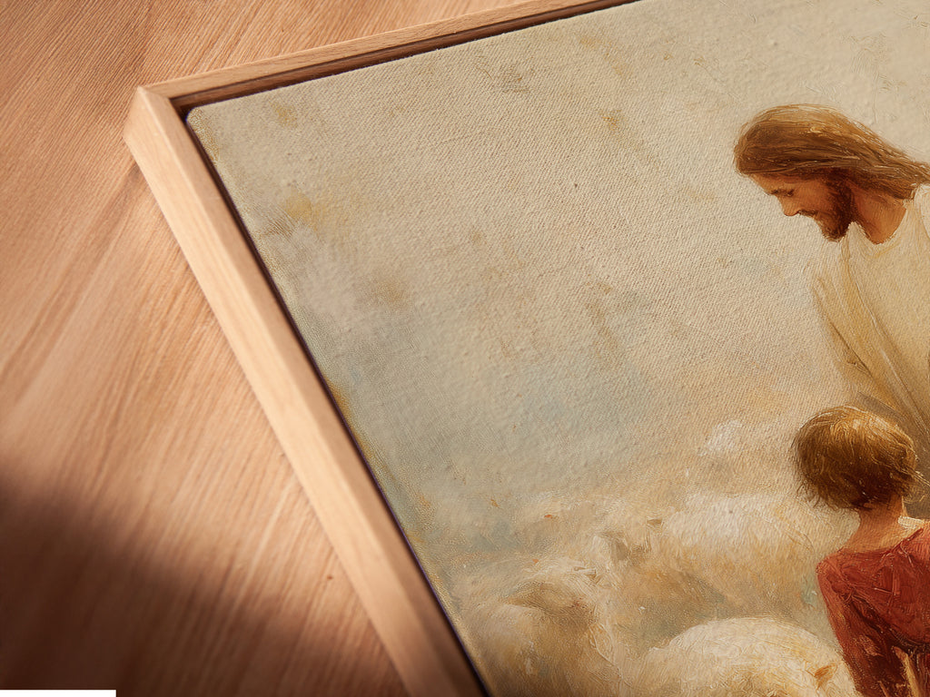 A close-up view of a canvas print in a floating frame. The floating frame gives the illusion that the artwork is floating. The artwork is set apart from the wall. This modern framing style adds depth and sophistication to any piece. It offers a unique display option.