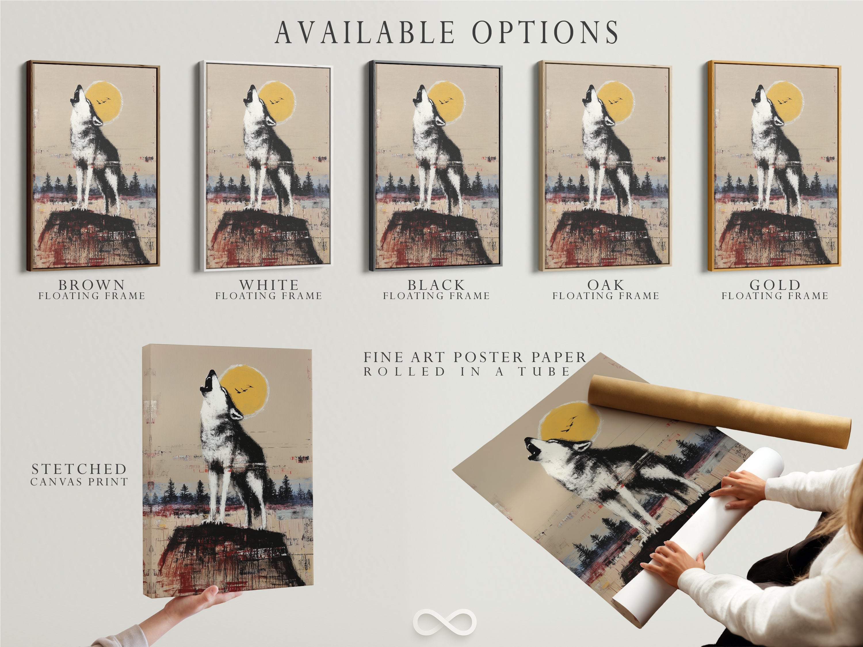 Explore available options for our rustic wildlife wall art. Options include stretched canvas prints fine art poster paper and floating frames. Featuring a howling wolf under the moon. Customize your artwork to match your unique style.