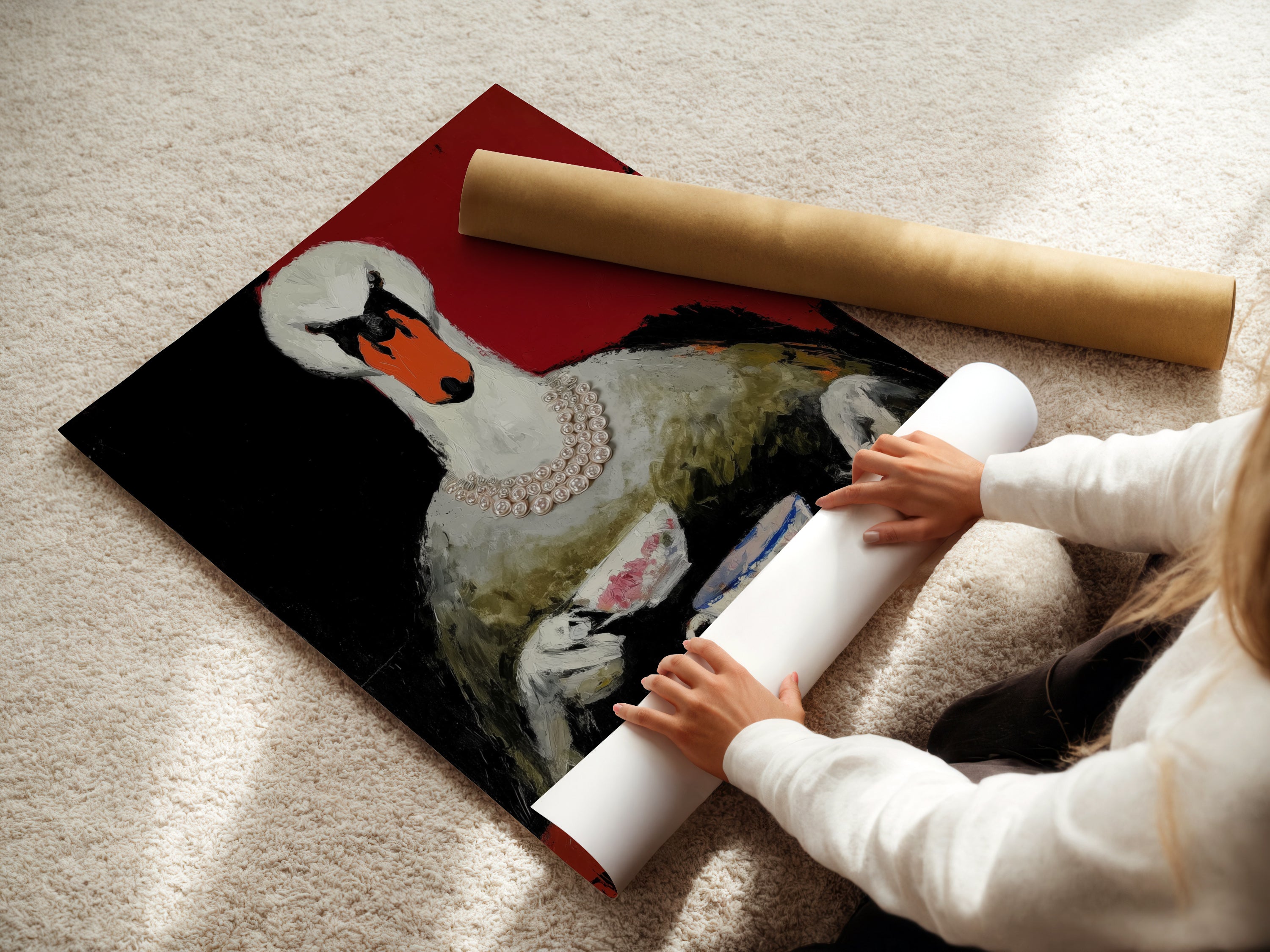 A woman is carefully rolling a fine art poster paper featuring the Swan Tea Party artwork. This whimsical animal art is perfect for adding a unique touch to your home decor. Get your own fine art poster today.