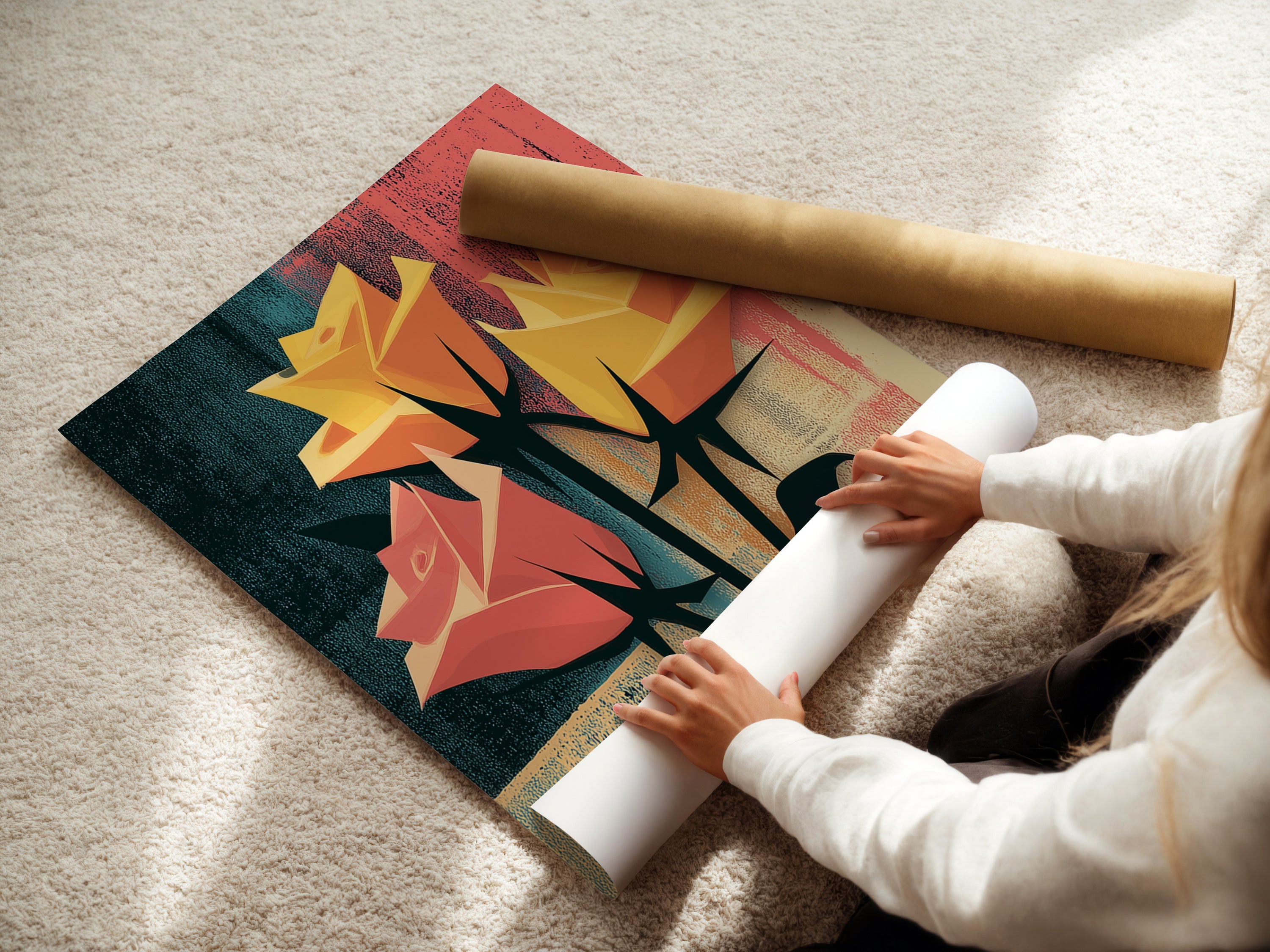 A woman is rolling a fine art poster paper. She is handling a floral rose artwork. The abstract botanical print is ready for framing. Ideal for mid-century modern decor. This artwork is timeless.