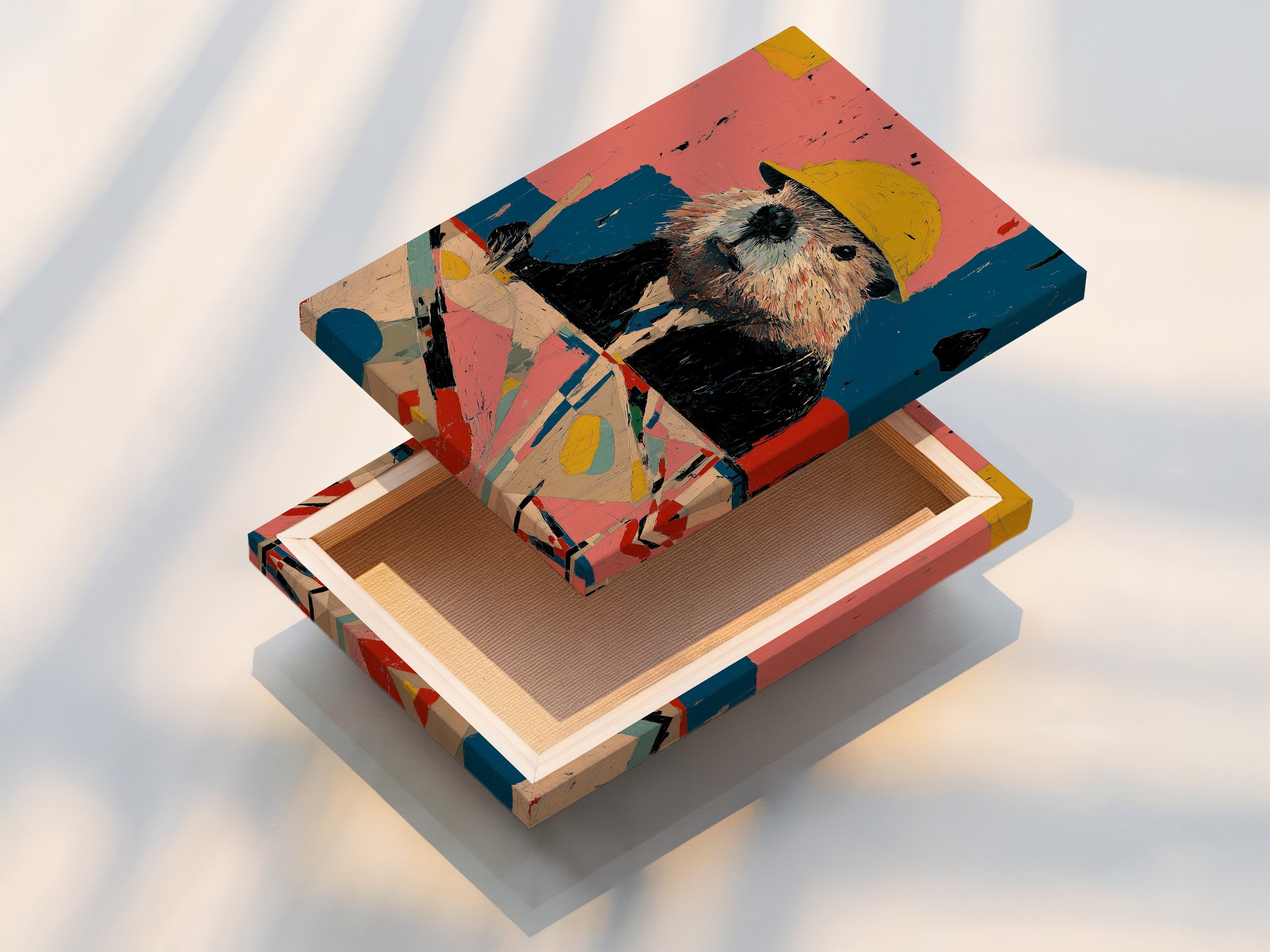 A stretched canvas print of the beaver construction worker artwork. This retro wall art is ready to hang. The stretched canvas enhances the vintage animal print. A perfect addition to any office or home decor.