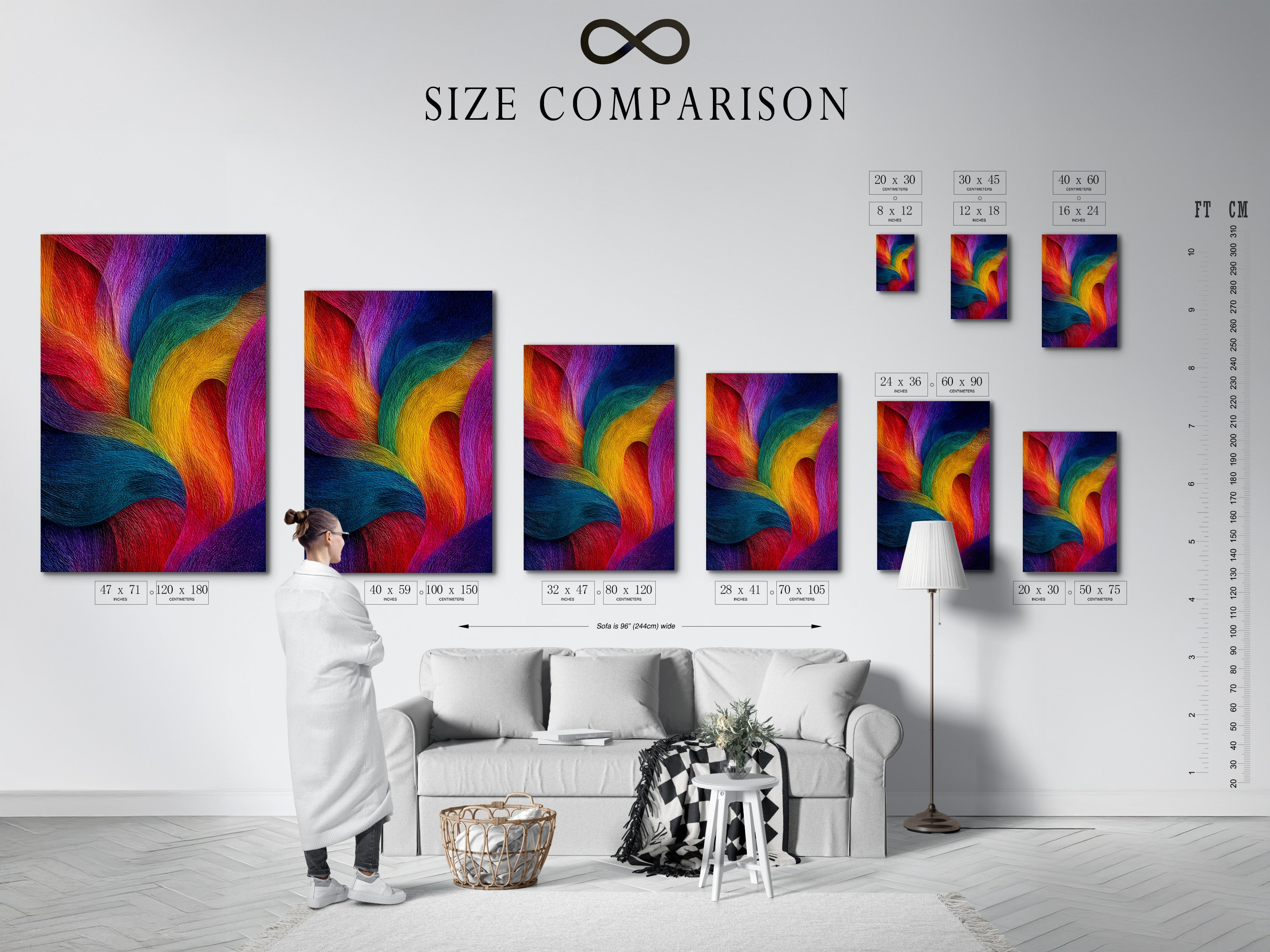 This size comparison chart is displayed in an interior setting. It helps you visualize artwork dimensions. The chart offers a clear understanding of scale. It helps you choose the perfect size for your space. Use this guide to make informed art buying decisions. Find the ideal artwork size.