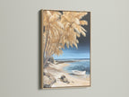 Coastal beach canvas artwork featuring an oak frame. The boat seascape artwork complements minimalist decor. The oak frame enhances the serene beach print.