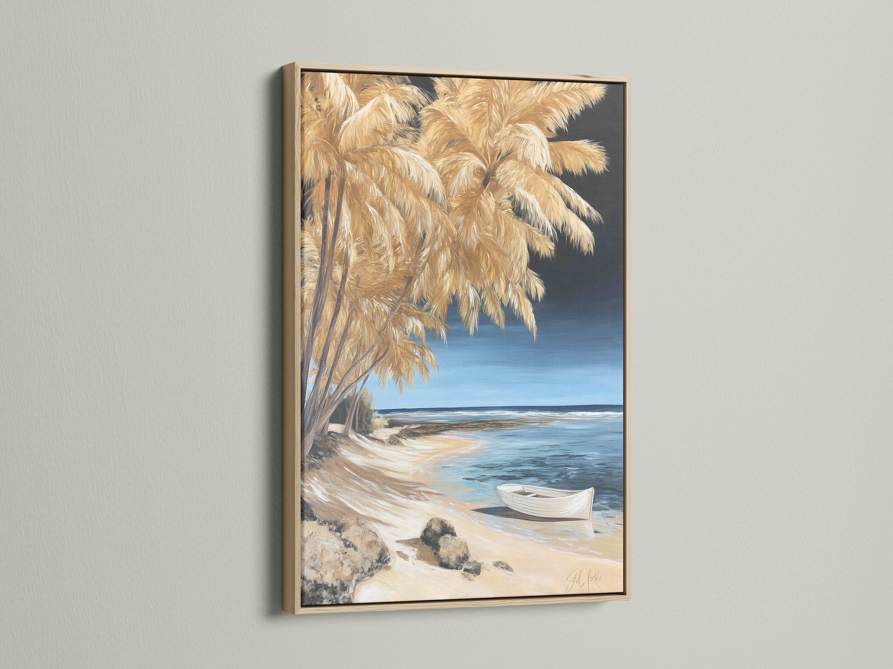 Coastal beach canvas artwork featuring an oak frame. The boat seascape artwork complements minimalist decor. The oak frame enhances the serene beach print.