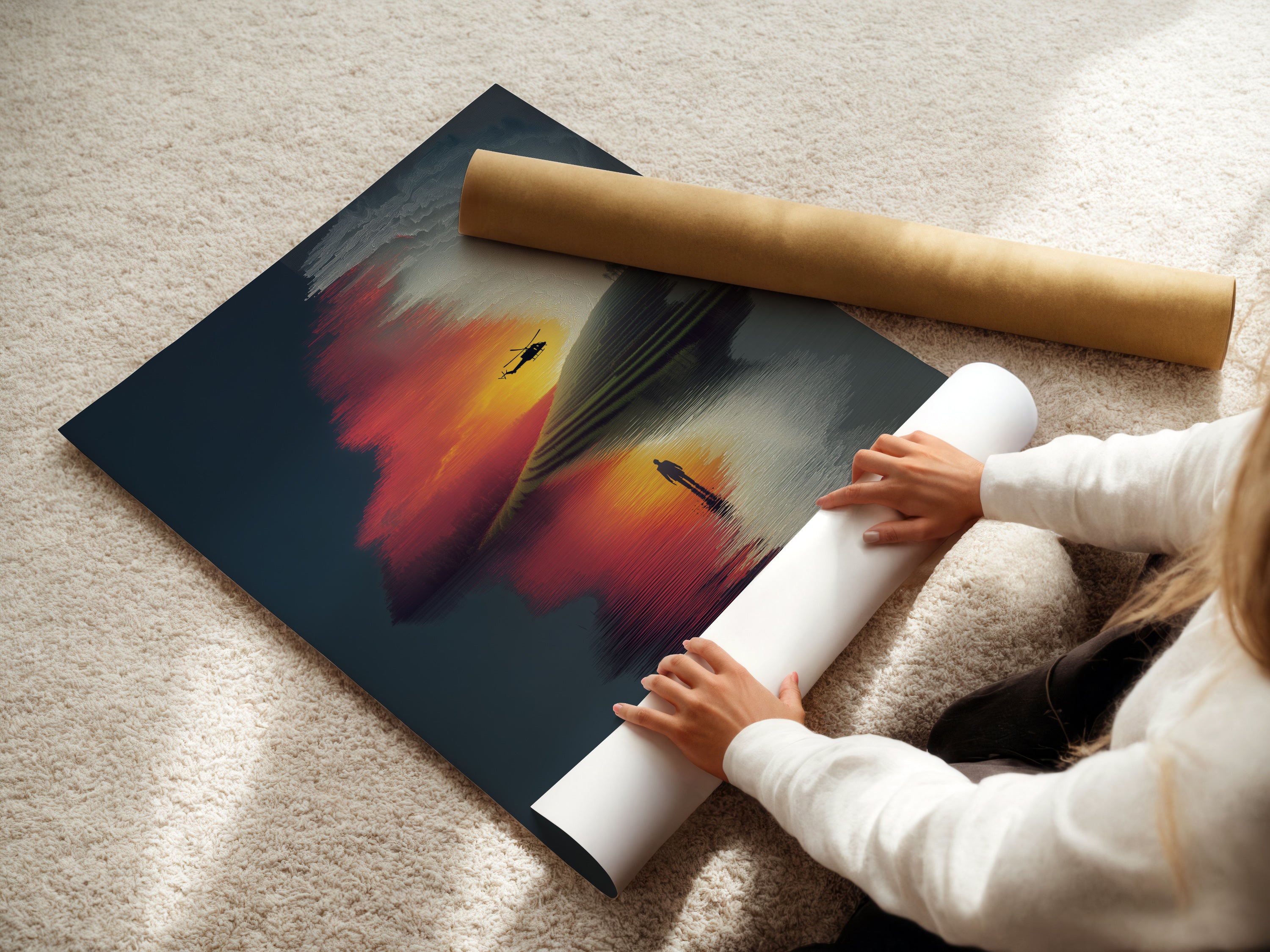 A woman is carefully rolling a fine art poster paper. The paper features a surreal landscape artwork. The print showcases a stunning sunset reflection. This high-quality paper ensures the artwork looks its best. Perfect for interior designers and stagers