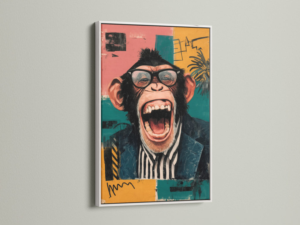 The funny monkey artwork is presented in a white frame. This pop art canvas is a great conversation piece. The quirky chimp with glasses adds a humorous touch. Perfect as playful addition to a living room or studio. The white frame enhances its modern pop art style.