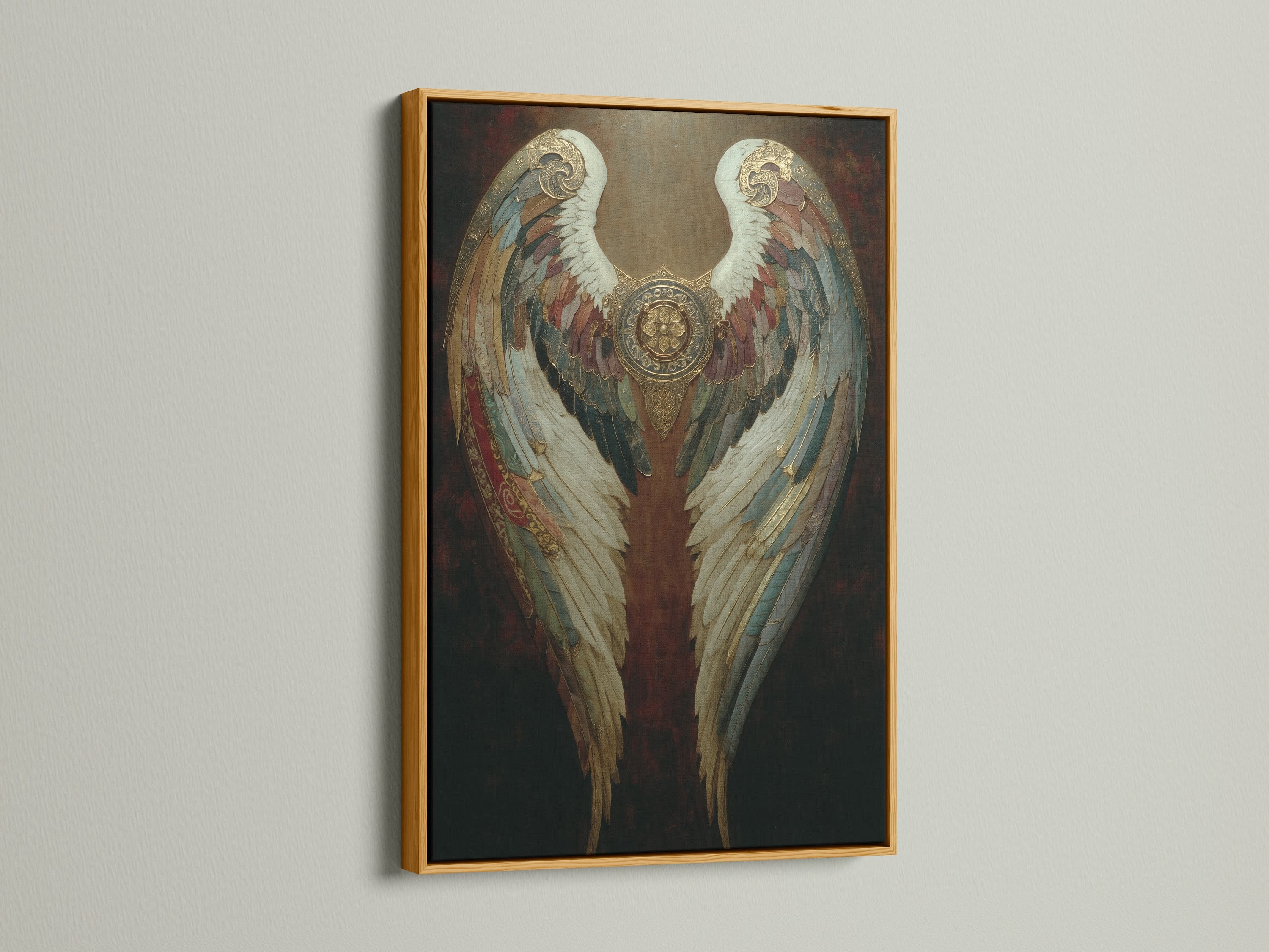 Gold frame highlights angel wings art. Gothic home decor with a vintage touch for your bedroom. Spiritual artwork enhances your living space. Ornate angel wings bring angelic elegance. Dark academia aesthetics with feather art. Mythical art adds a unique touch to your home.