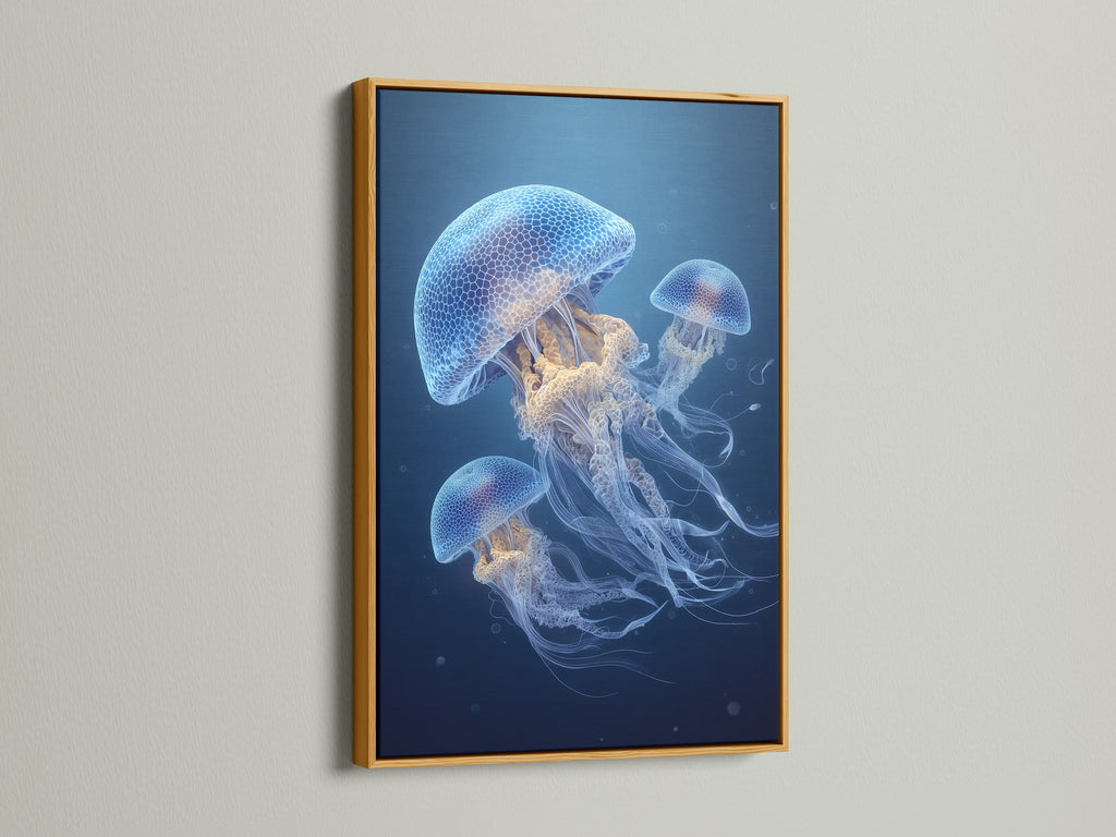 Jellyfish artwork in a gold frame. The gold frame adds luxury. It enhances the artwork's elegance. This frame is perfect for a touch of glam. The gold frame offers a sophisticated look. It complements the jellyfish artwork. Display art with this opulent frame. Make a statement with this framed piece. Elevate your space with this golden touch. A luxurious choice for art enthusiasts.